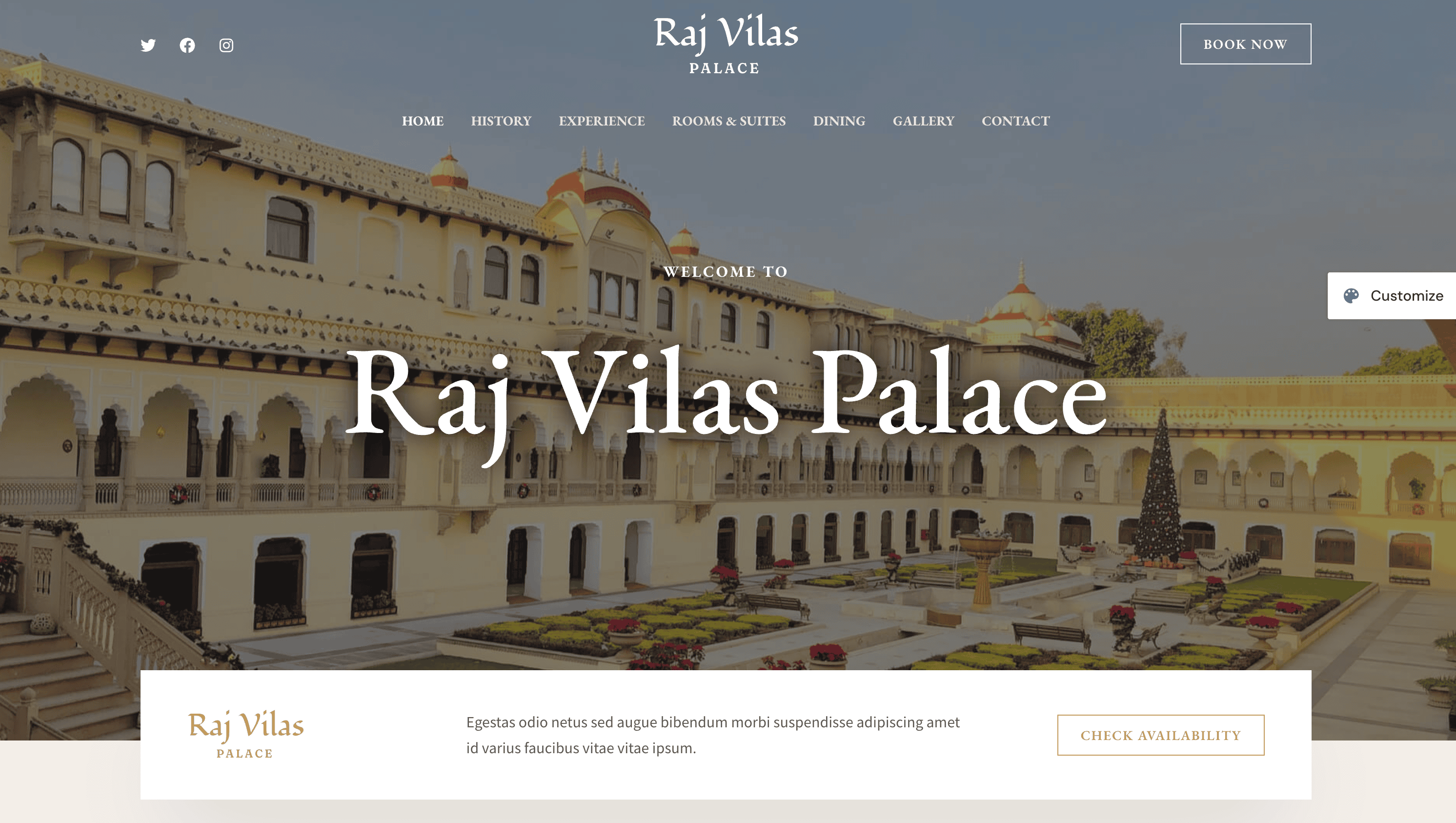 Website homepage of Raj Vilas Palace showing an ornate courtyard with traditional architecture and floral arrangements. Options to explore history, experience, rooms, and booking are visible.