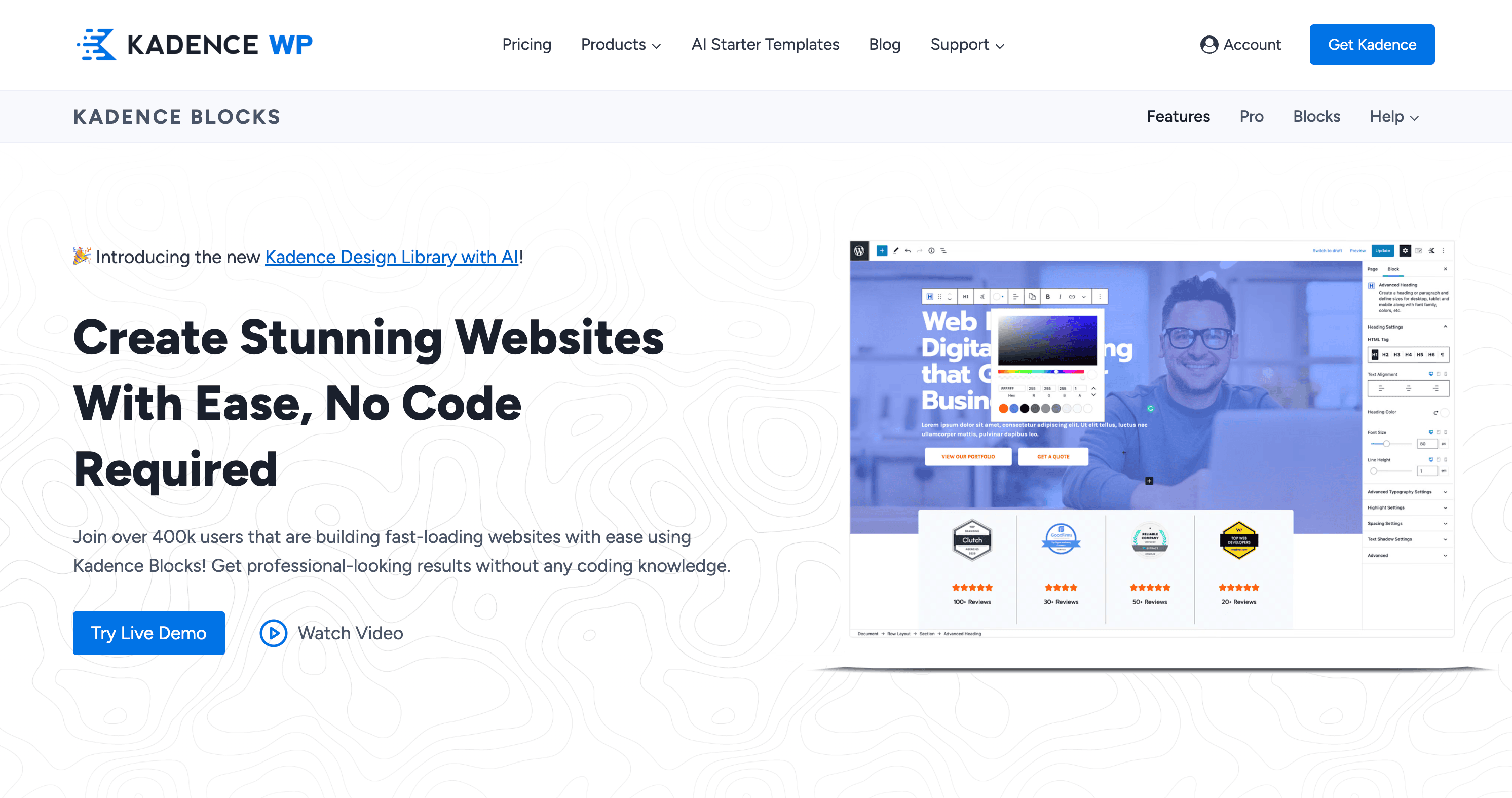Screenshot of the Kadence WP website homepage, highlighting no-code website creation, with a Try Live Demo button and an image of a website editor interface.