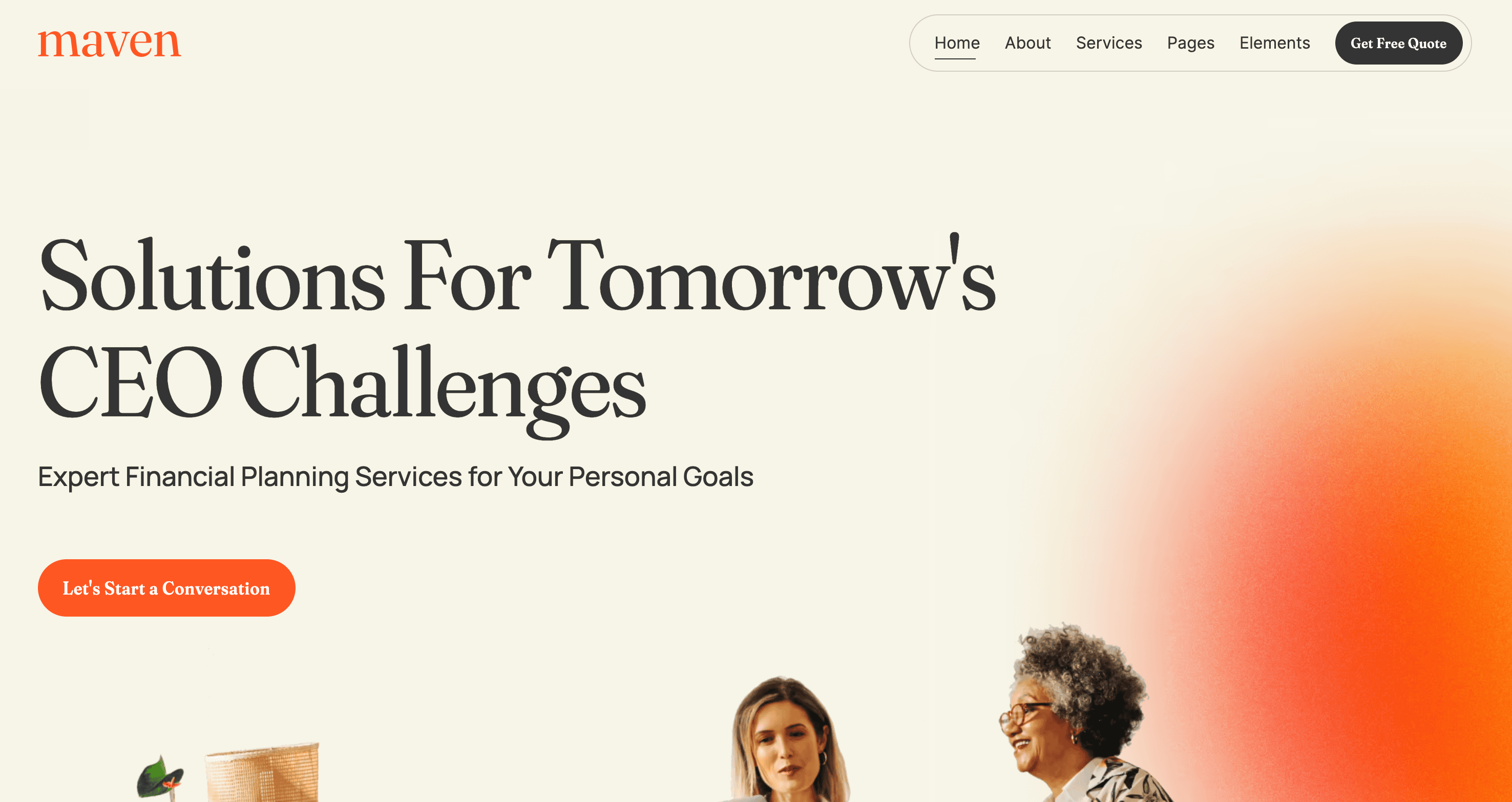 Website homepage for "Maven" offering expert financial planning services, featuring the headline "Solutions For Tomorrow's CEO Challenges" and options to start a conversation or get a free quote.