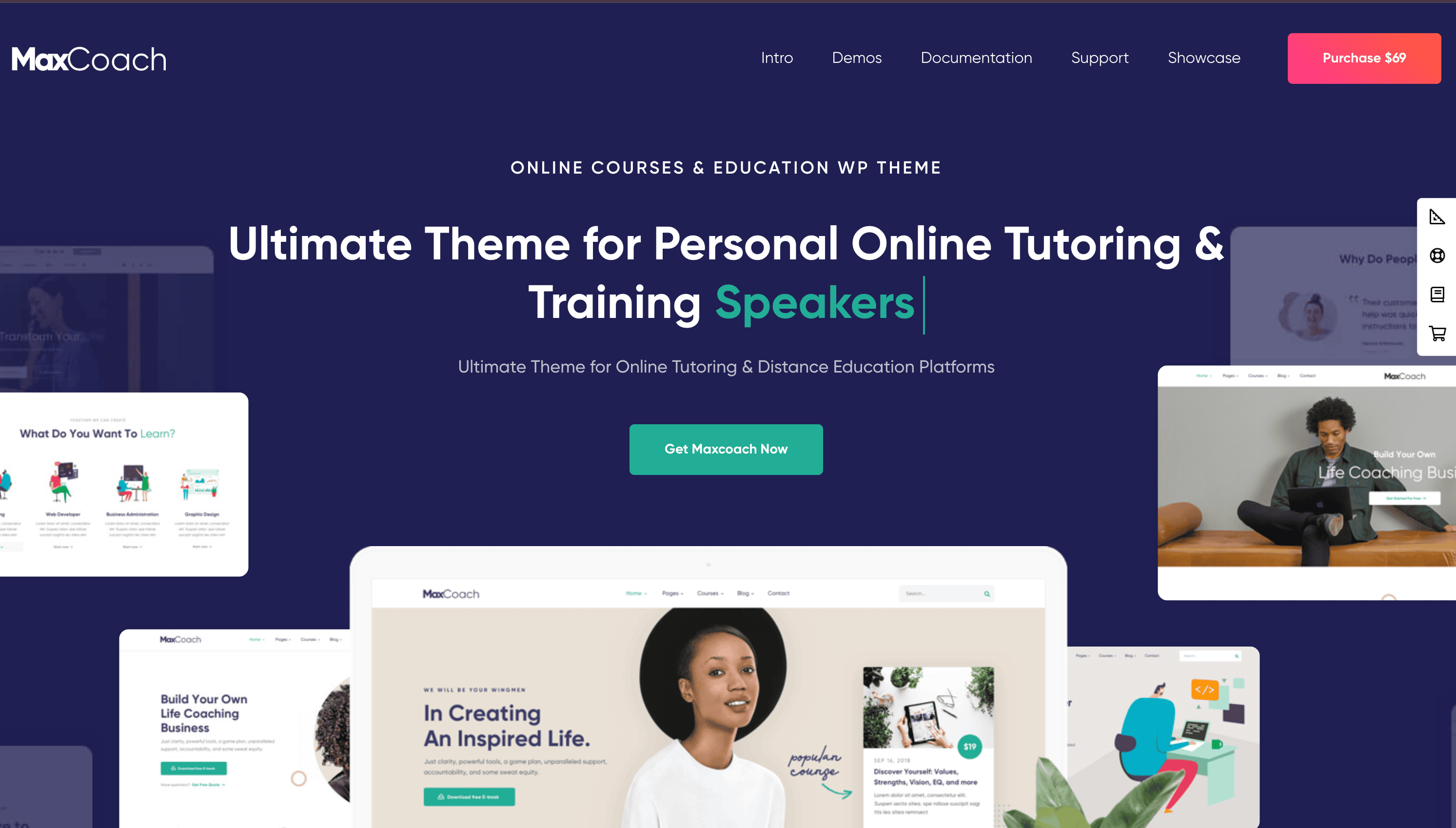 Website homepage showcasing an online tutoring theme with sections for online courses, demos, documentation, and support. Features a call-to-action button for purchasing the theme.
