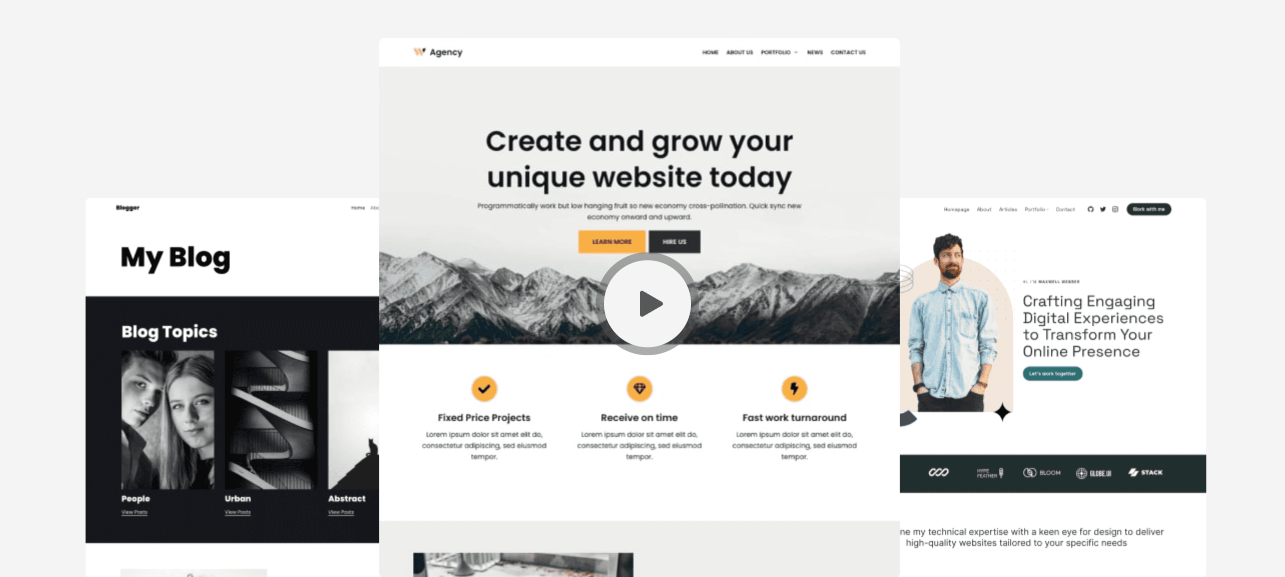 Three website templates displayed. The center has a mountain image with "Create and grow your unique website today" text. Left shows "My Blog" and right features a person with digital services text.