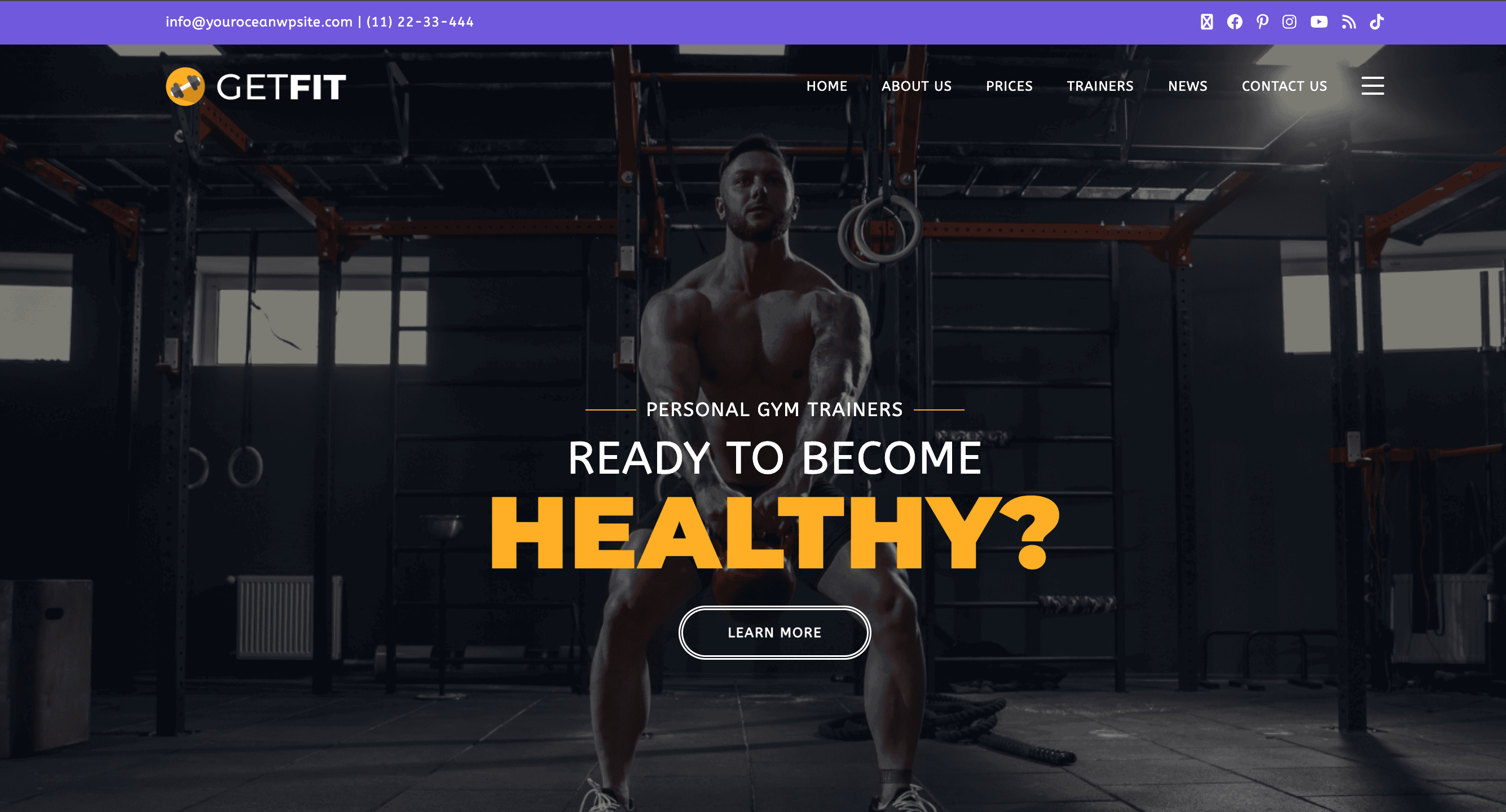 A muscular man lifts a barbell in a dimly lit gym, with bold text overlay reading "Ready to Become Healthy?" and a "Learn More" button below.