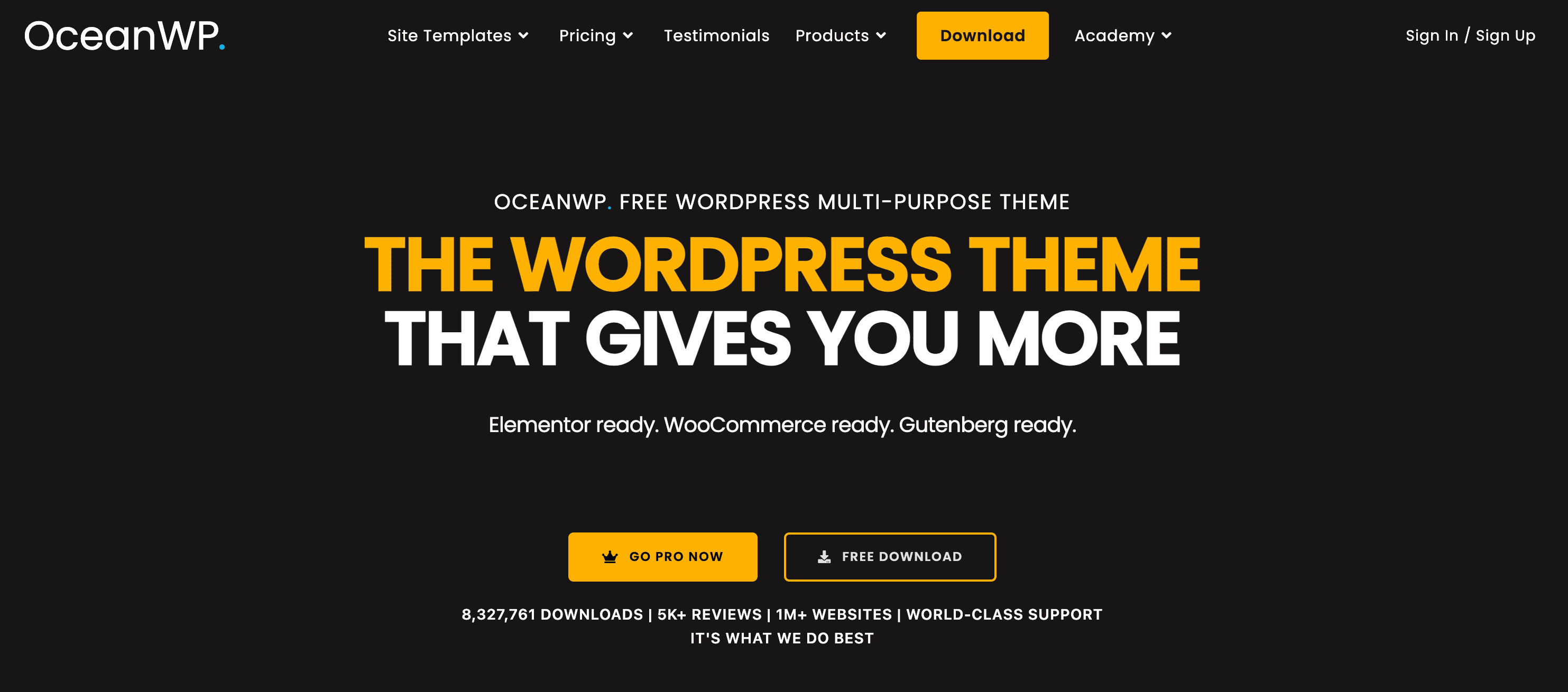 Webpage of OceanWP showcasing a WordPress theme. Promoted features: Elementor, WooCommerce, and Gutenberg ready. Options to go pro or download for free.