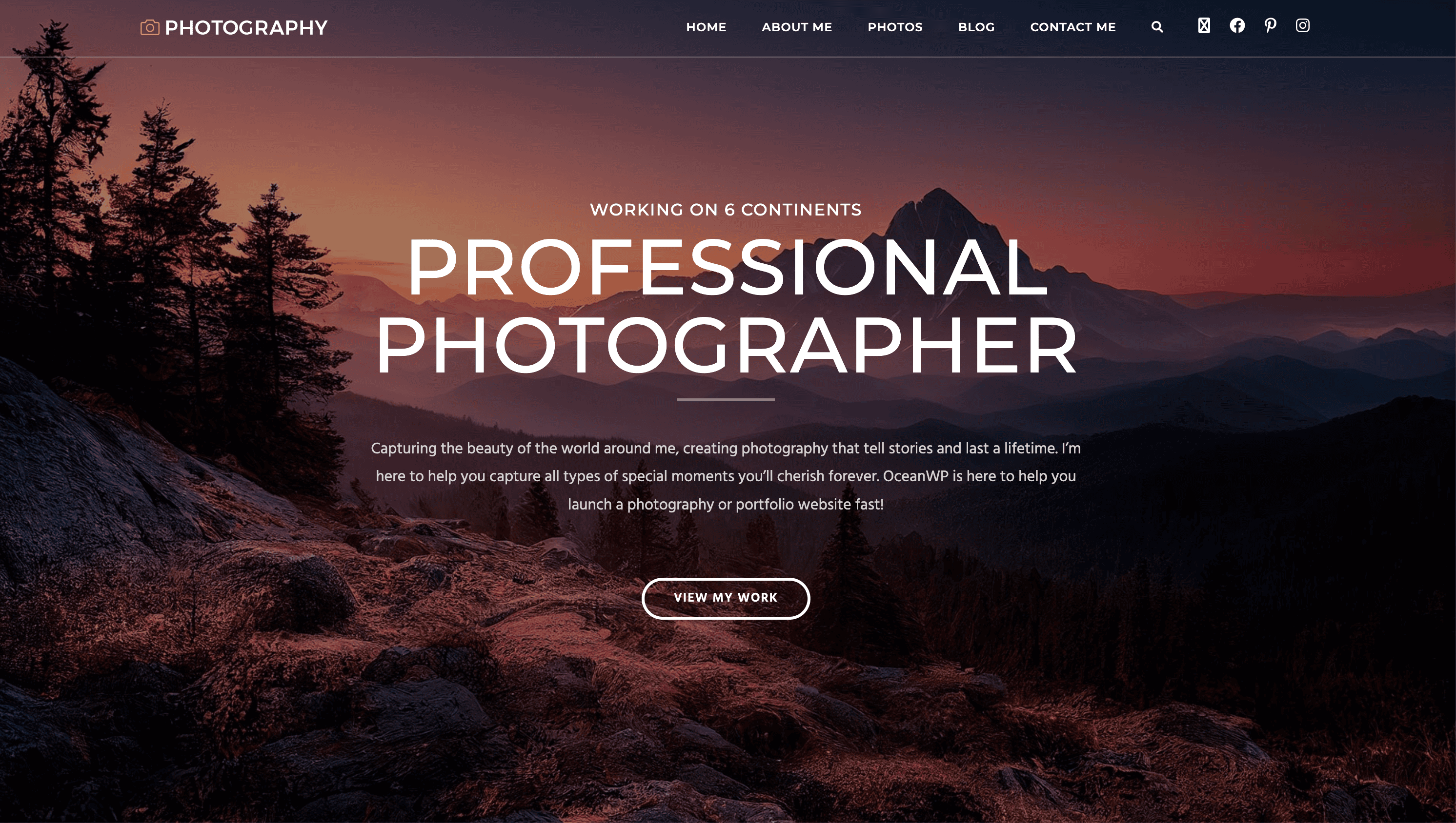 Website homepage for a photographer featuring a mountain landscape at sunset, with text promoting services and a "View My Work" button.