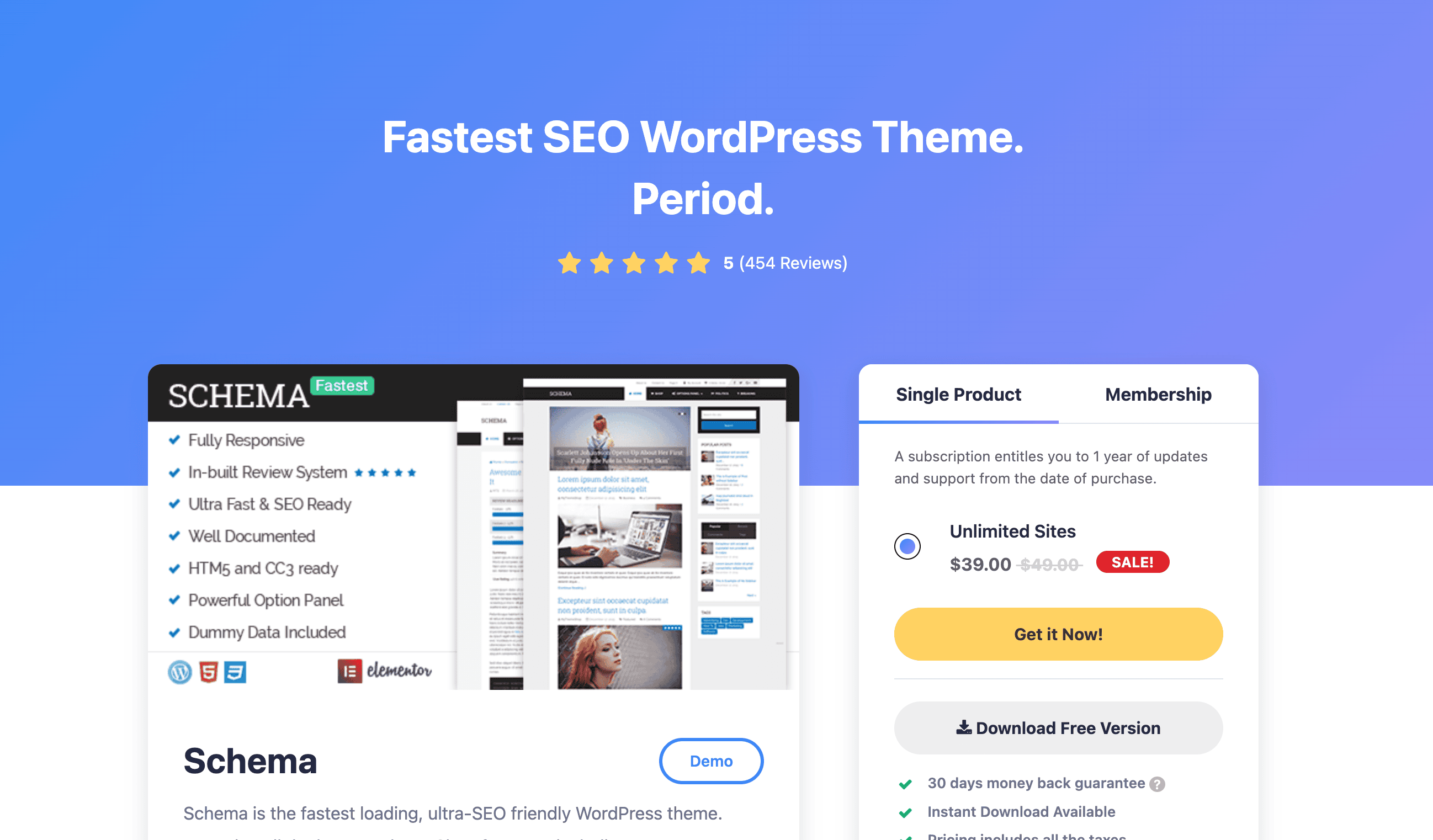 A promotional webpage for Schema, an SEO-focused WordPress theme, showing features, a star rating, pricing options, and a demo preview.