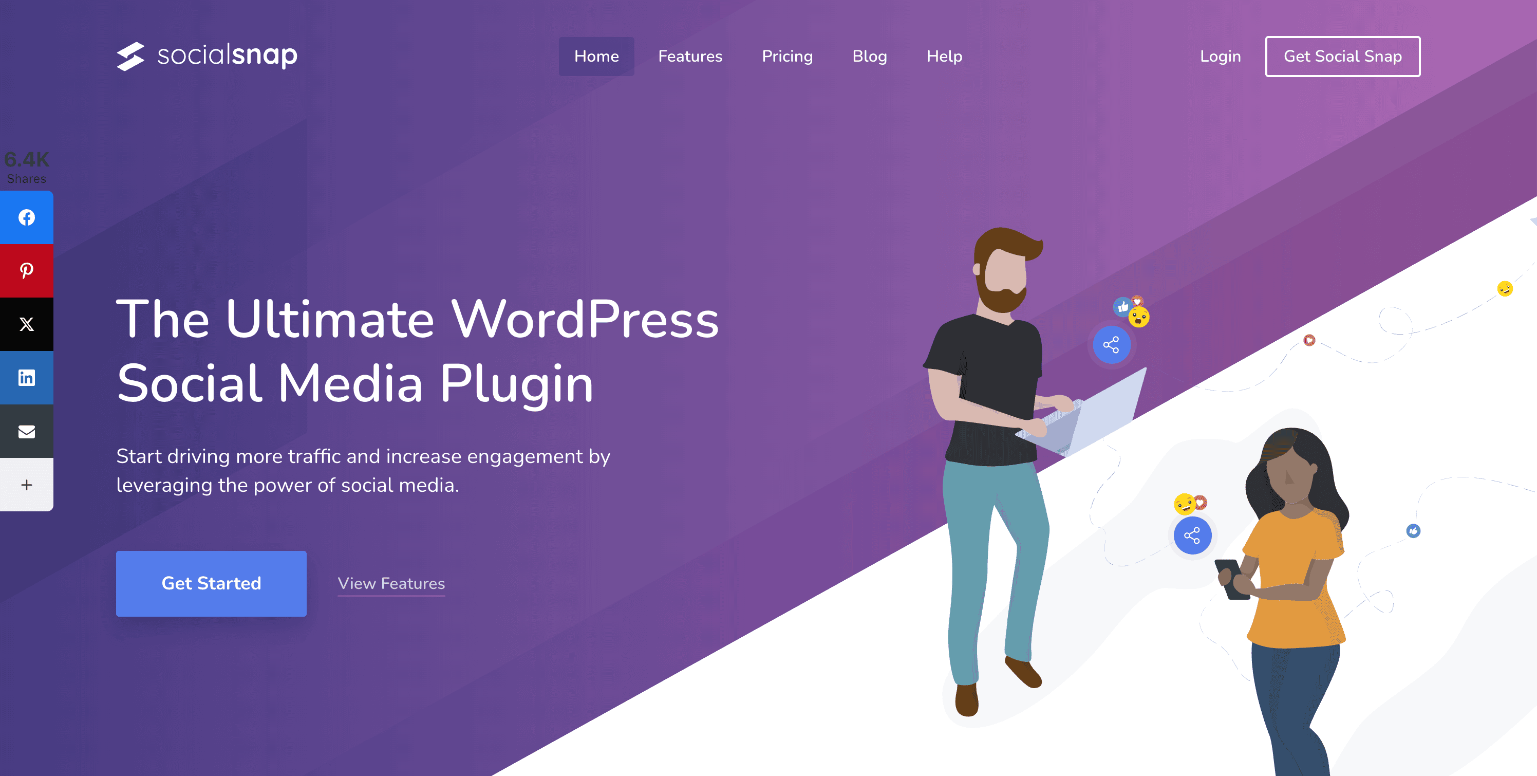Social Snap website homepage features headline “The Ultimate WordPress Social Media Plugin” with illustrated man using a laptop and woman using a phone on a purple gradient background.