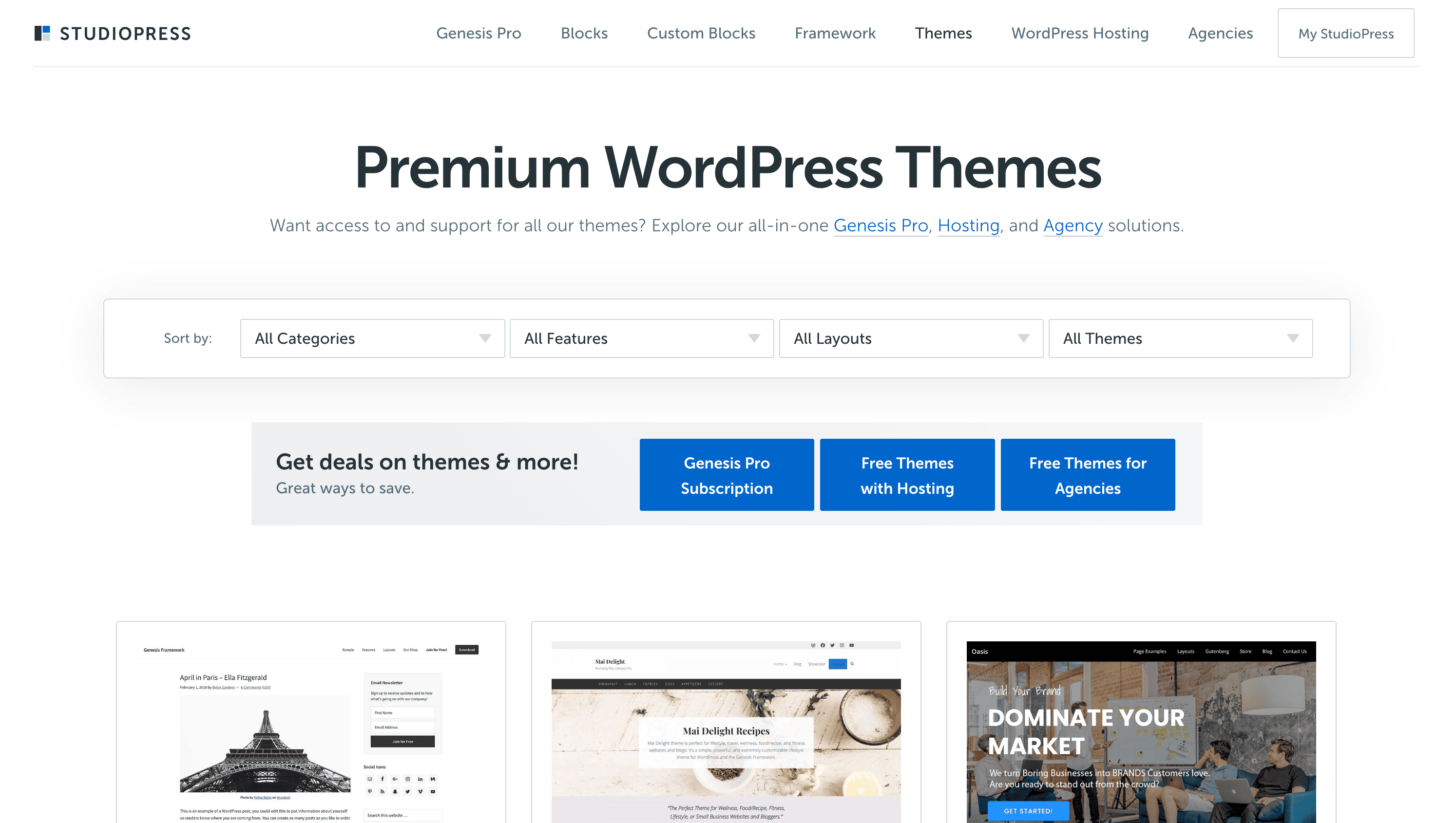StudioPress homepage showing options to sort premium WordPress themes by category, feature, layout, and theme, with theme previews and promotional buttons for Genesis Pro and free themes.
