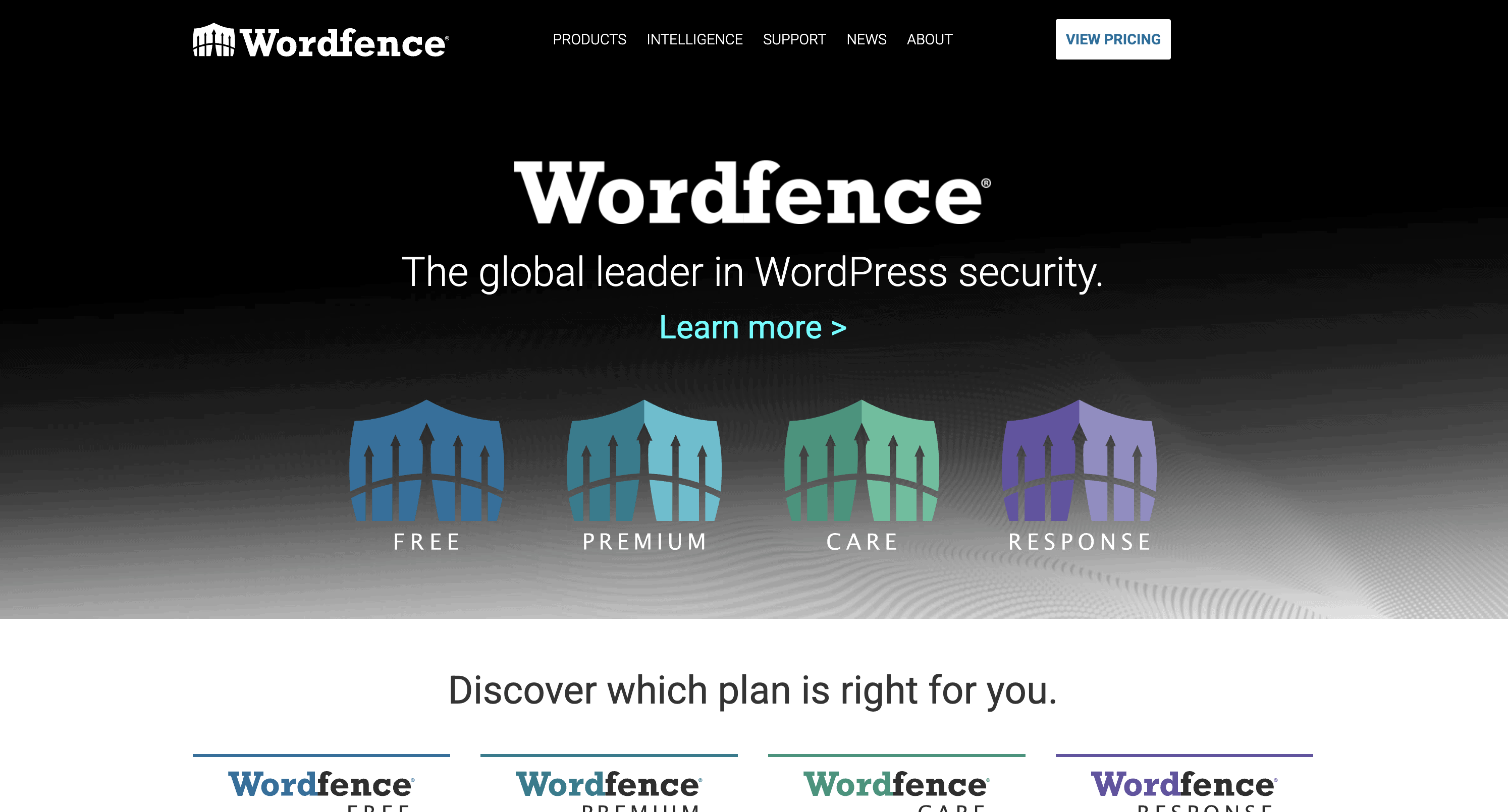Screenshot of the Wordfence website homepage displaying their logo, slogan "The global leader in WordPress security," and four plan options: Free, Premium, Care, and Response.