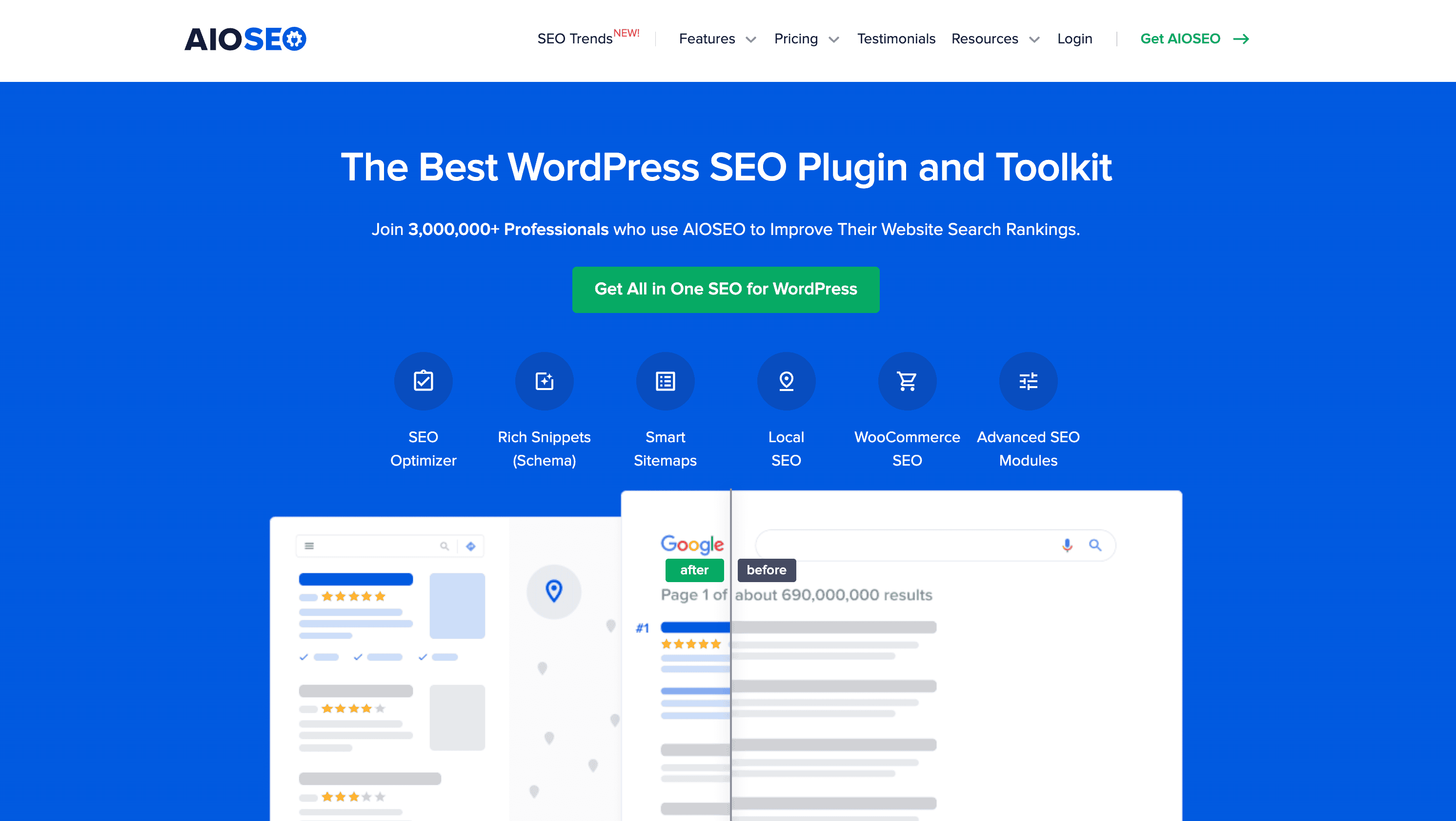 Screenshot of the AIOSEO website homepage showing a blue banner that promotes its WordPress SEO plugin with navigation links and a green call-to-action button.