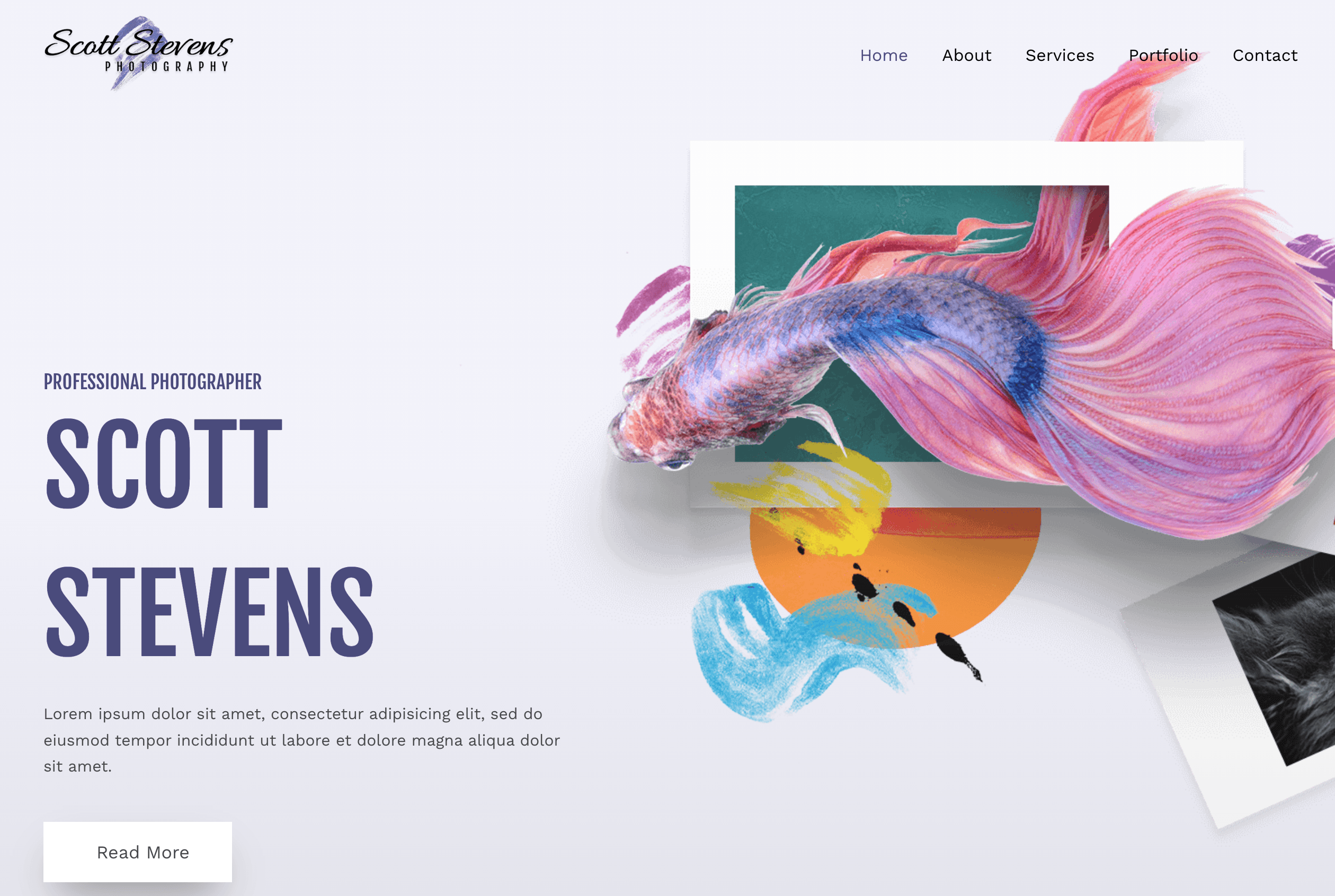 Photography website homepage with colorful fish graphics and a circular photo collage. Text reads "Professional Photographer Scott Stevens" with navigation links above.