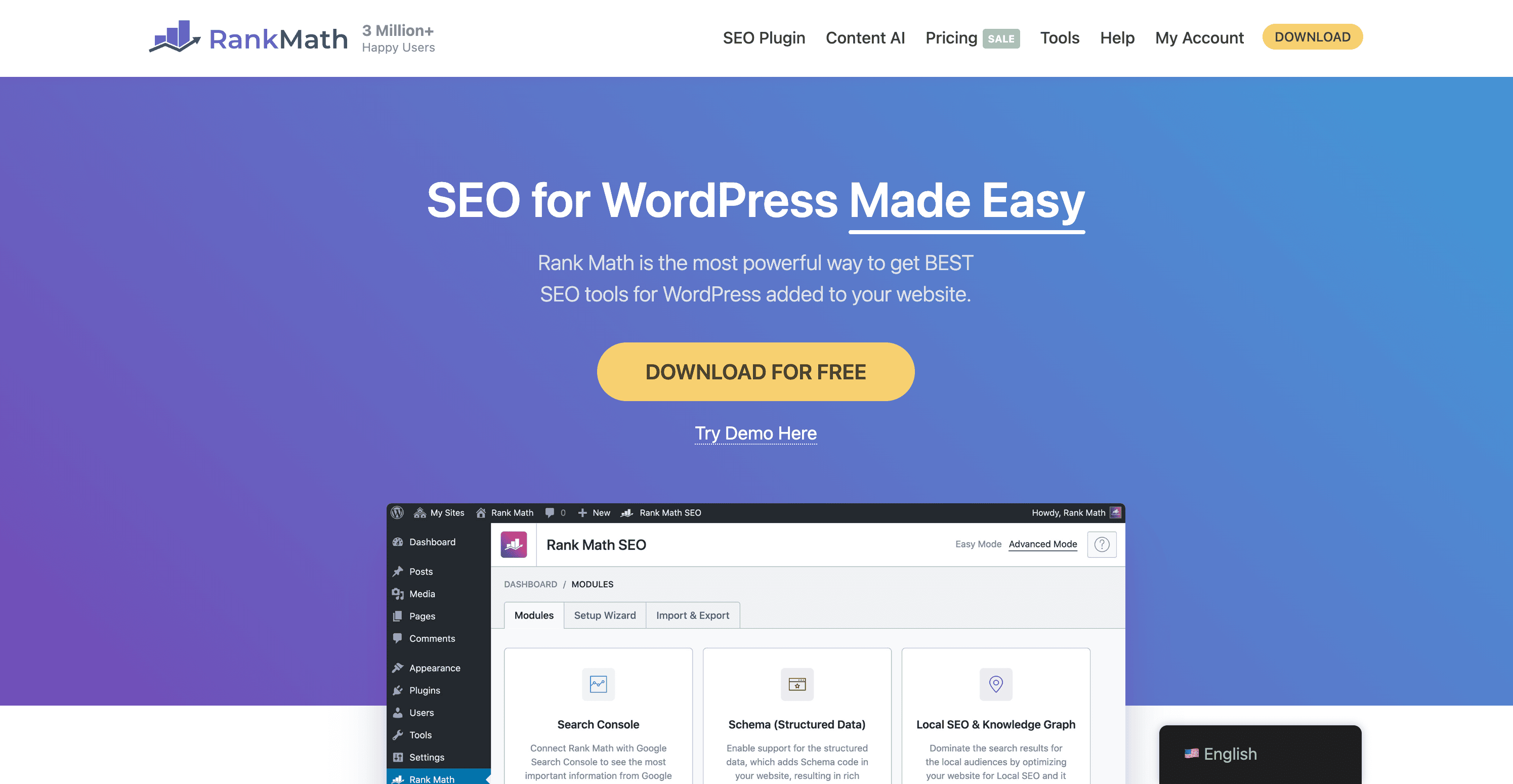 Screenshot of Rank Math website homepage featuring a headline about easy WordPress SEO, a "Download for Free" button, and a preview of the plugin’s dashboard interface.