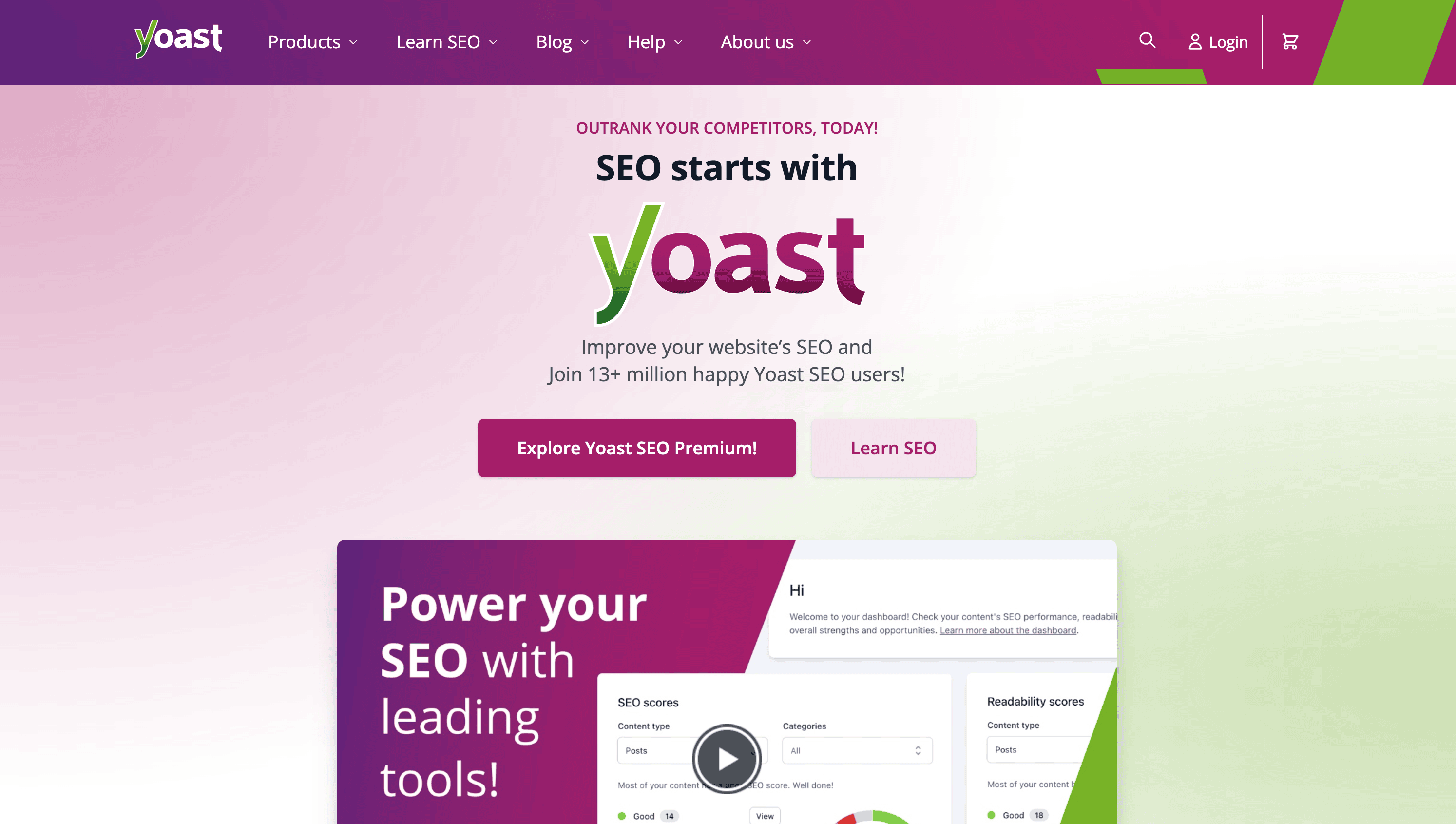 Screenshot of the Yoast website homepage promoting SEO tools, with options to explore Yoast SEO Premium or learn SEO, and a header stating "SEO starts with Yoast.