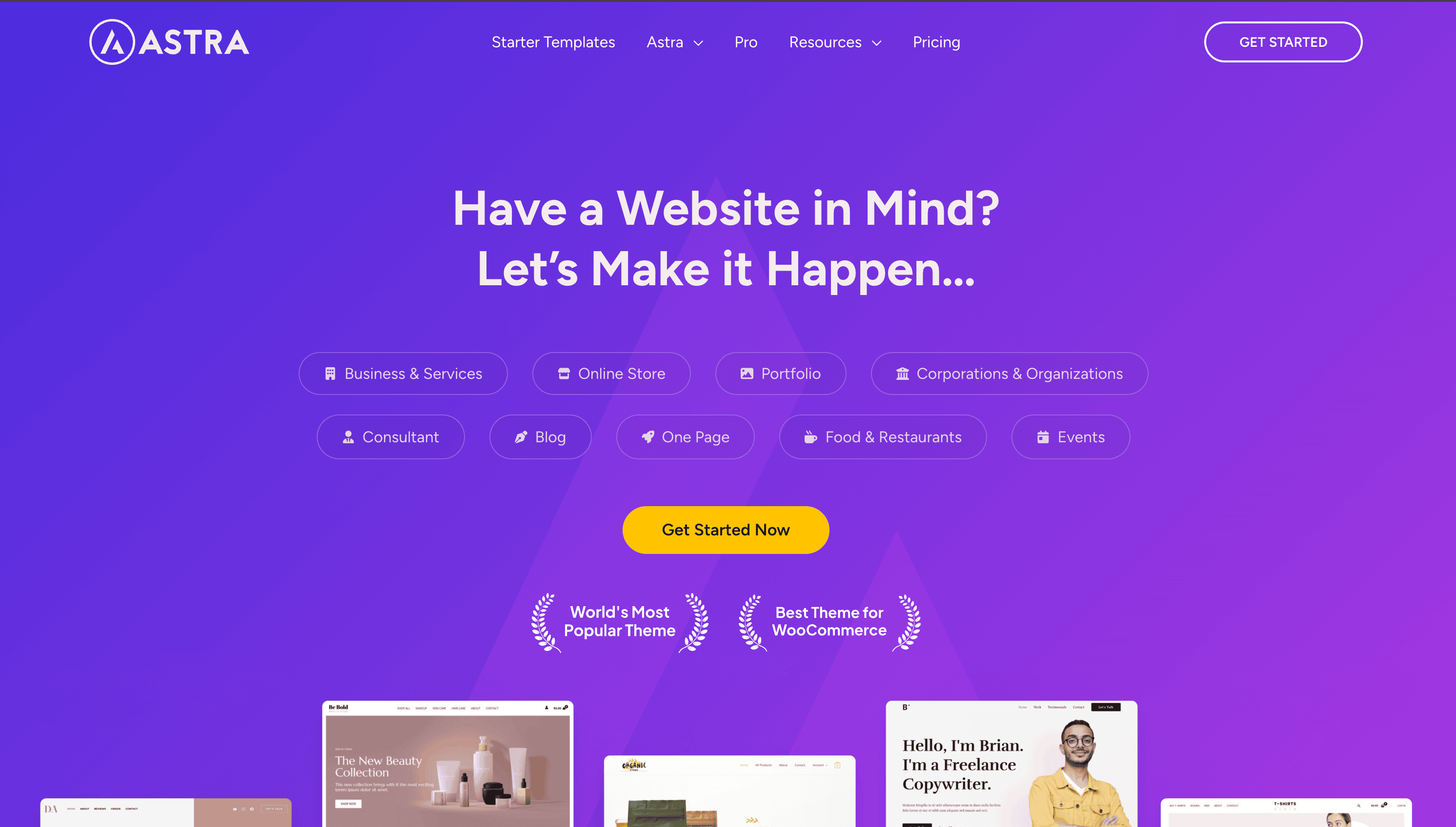 Astra website homepage with a purple background, headline text about website creation, navigation links, category buttons, and a yellow “Get Started Now” button in the center.