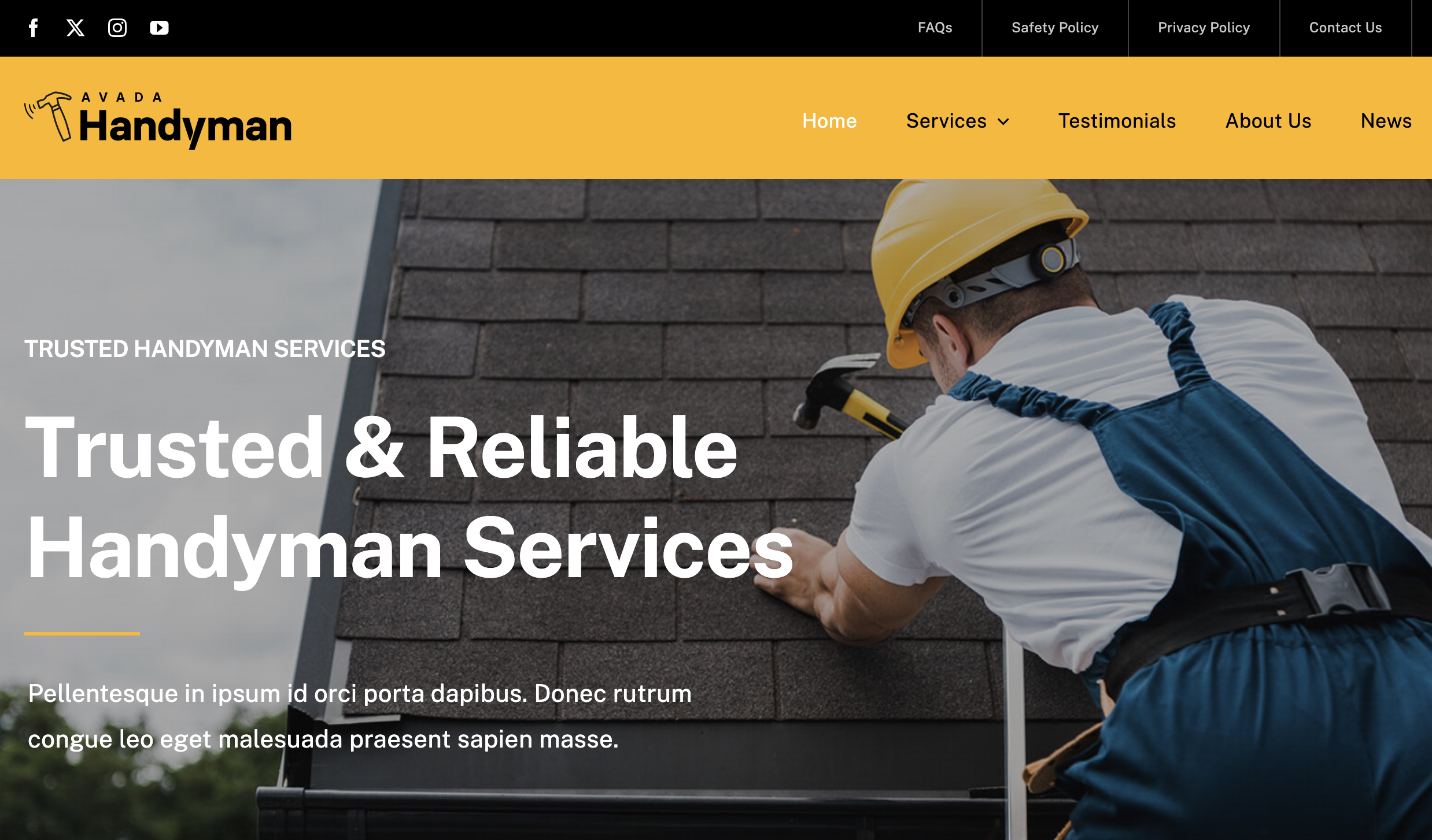 Person in overalls and helmet using a hammer on shingles; text overlay reads "Trusted & Reliable Handyman Services.