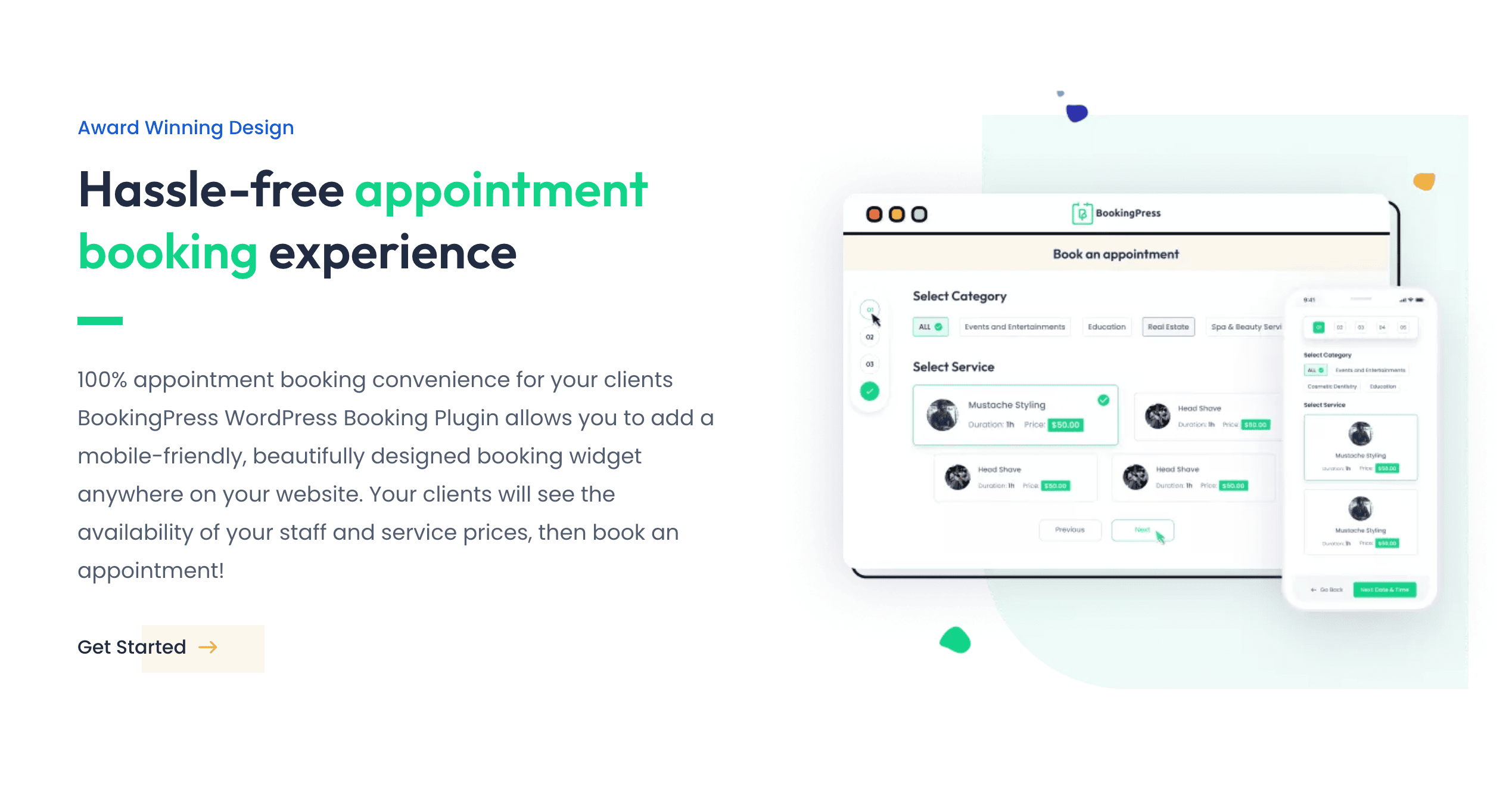 A website page displays a booking plugin interface, showing service categories, staff, and available times beside promotional text about hassle-free appointment booking.