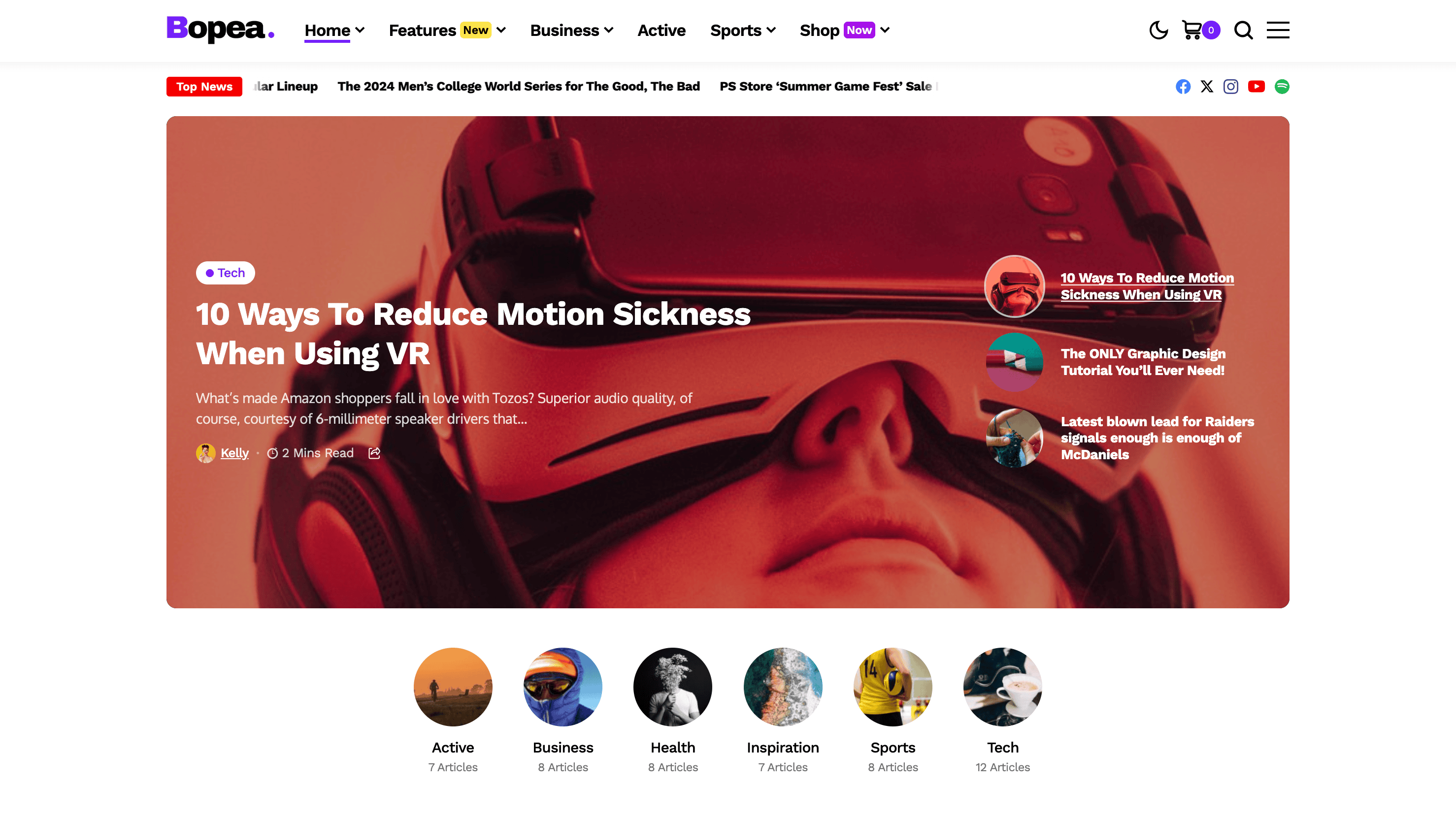 Person using a VR headset, featured in an online tech article about reducing motion sickness when using VR. Various navigation links and article thumbnails are displayed on the website.