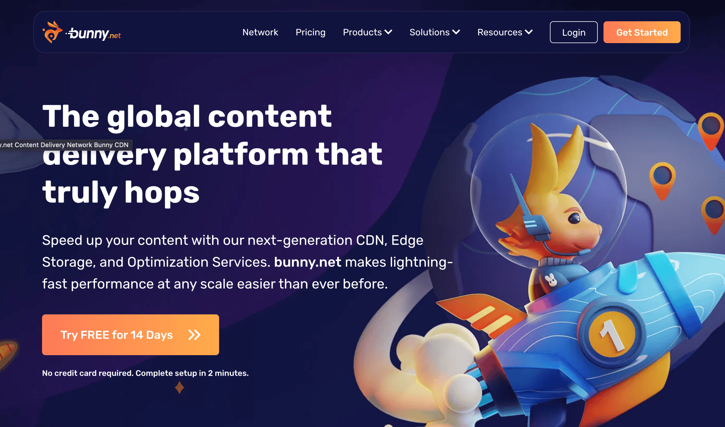 Screenshot of Bunny.net homepage displaying a cartoon kangaroo mascot in a rocket ship, promotional text, navigation menu, and a "Try FREE for 14 Days" button.