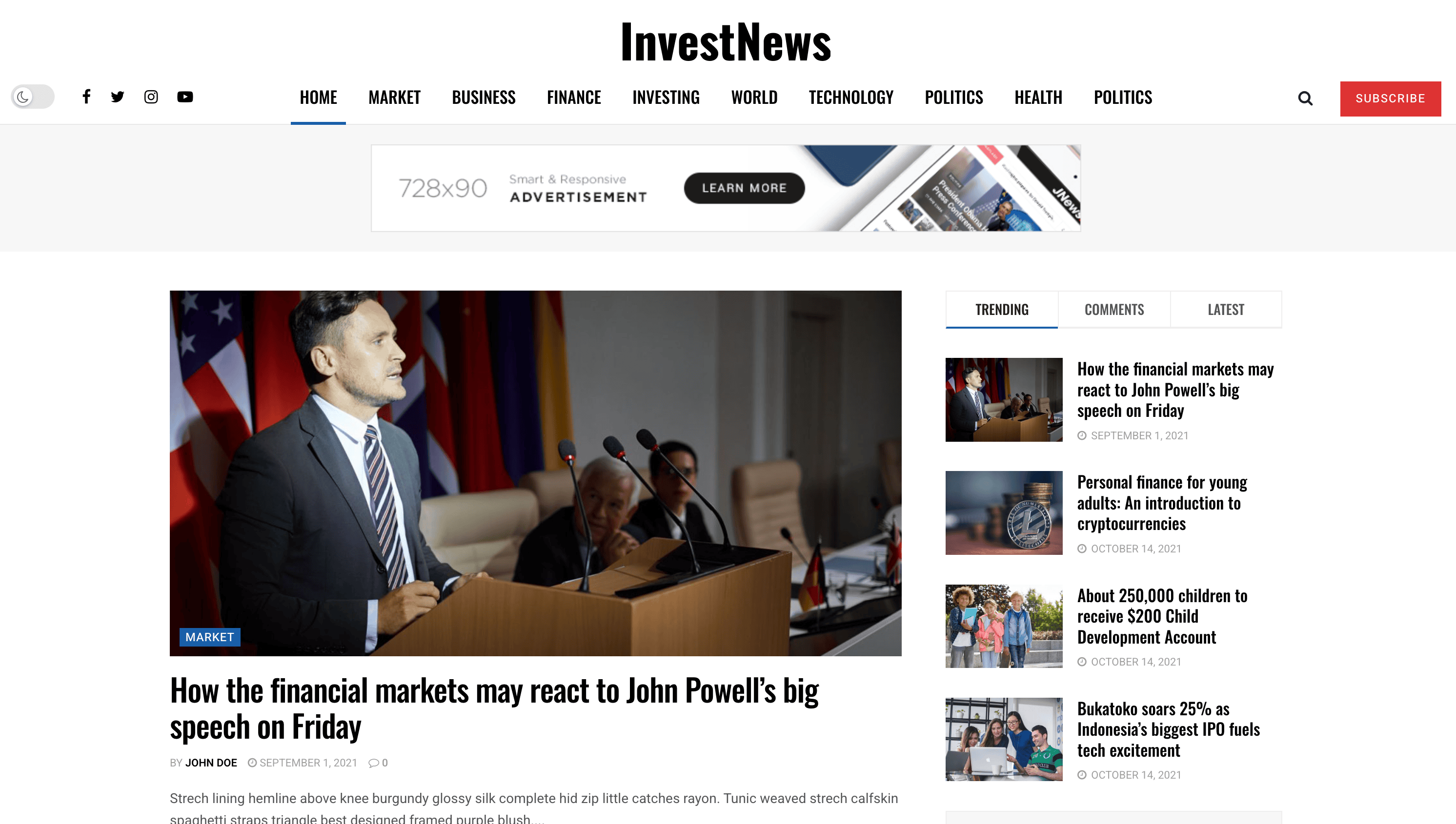 News website showing a man in a suit speaking at a podium in a conference room. Headline reads, "How the financial markets may react to John Powell's big speech on Friday.