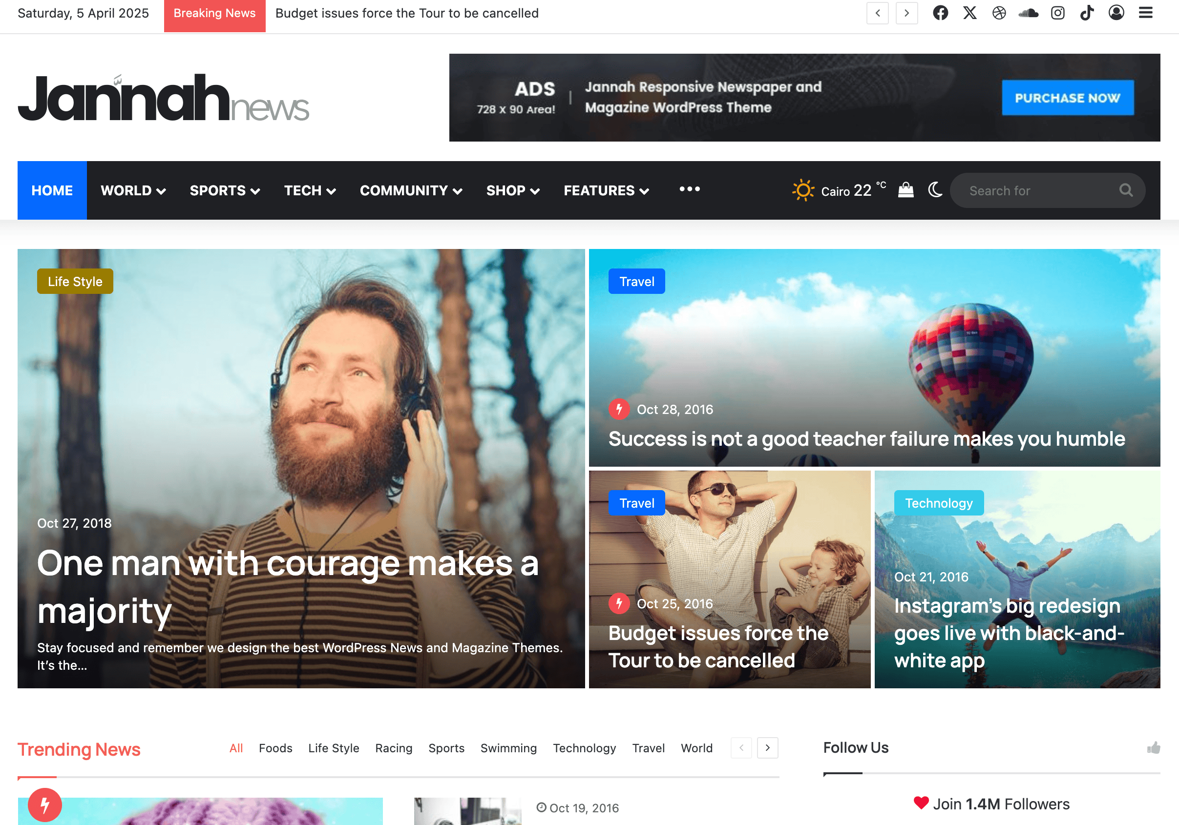 News website homepage with headlines, images, and categories such as Travel, Sports, and Tech. Includes articles on courage, travel success, budget issues, and a man listening to music.