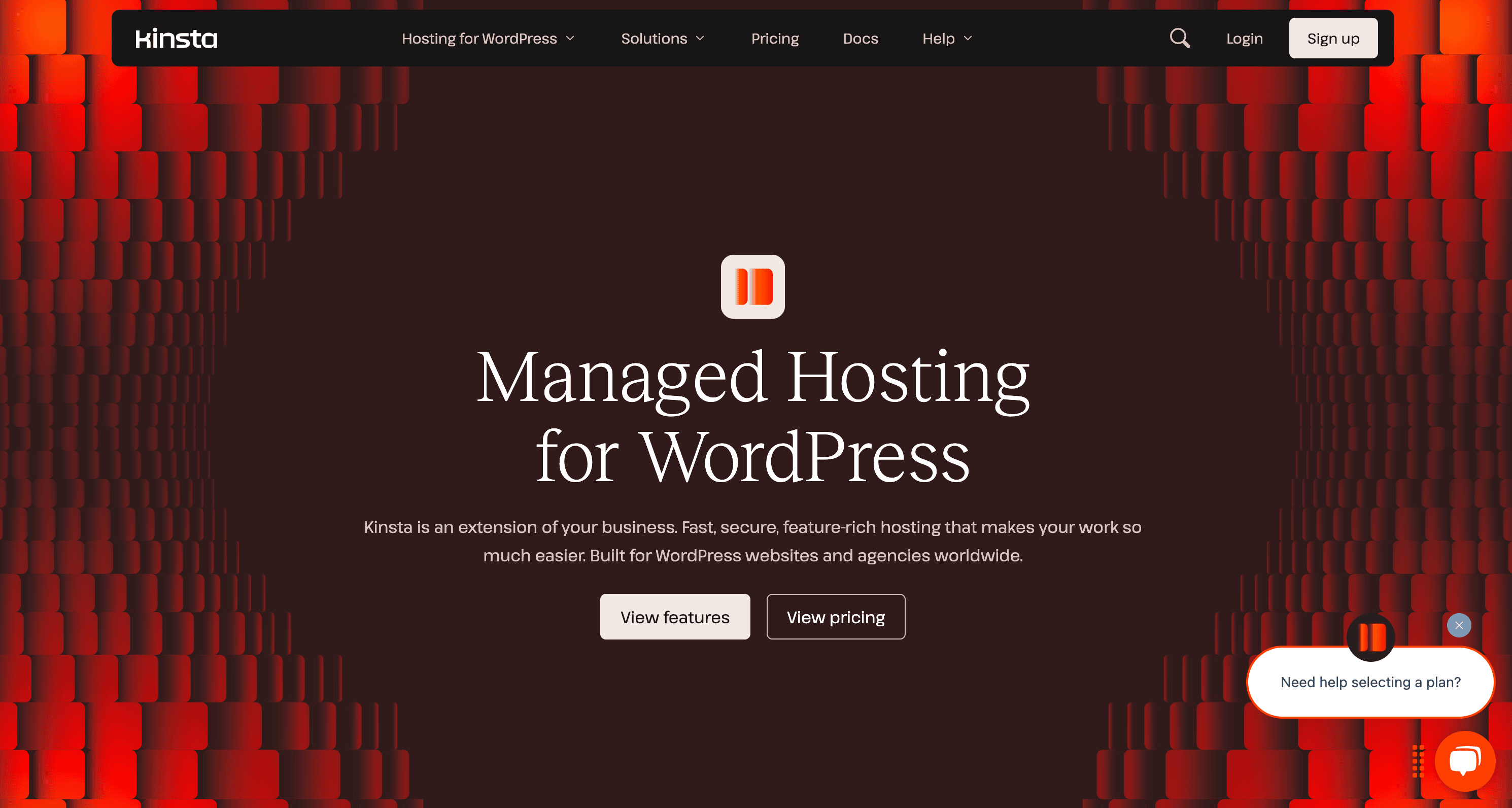 Screenshot of Kinsta's homepage displaying "Managed Hosting for WordPress" with options to view features, view pricing, and a chat help popup in the bottom right corner.
