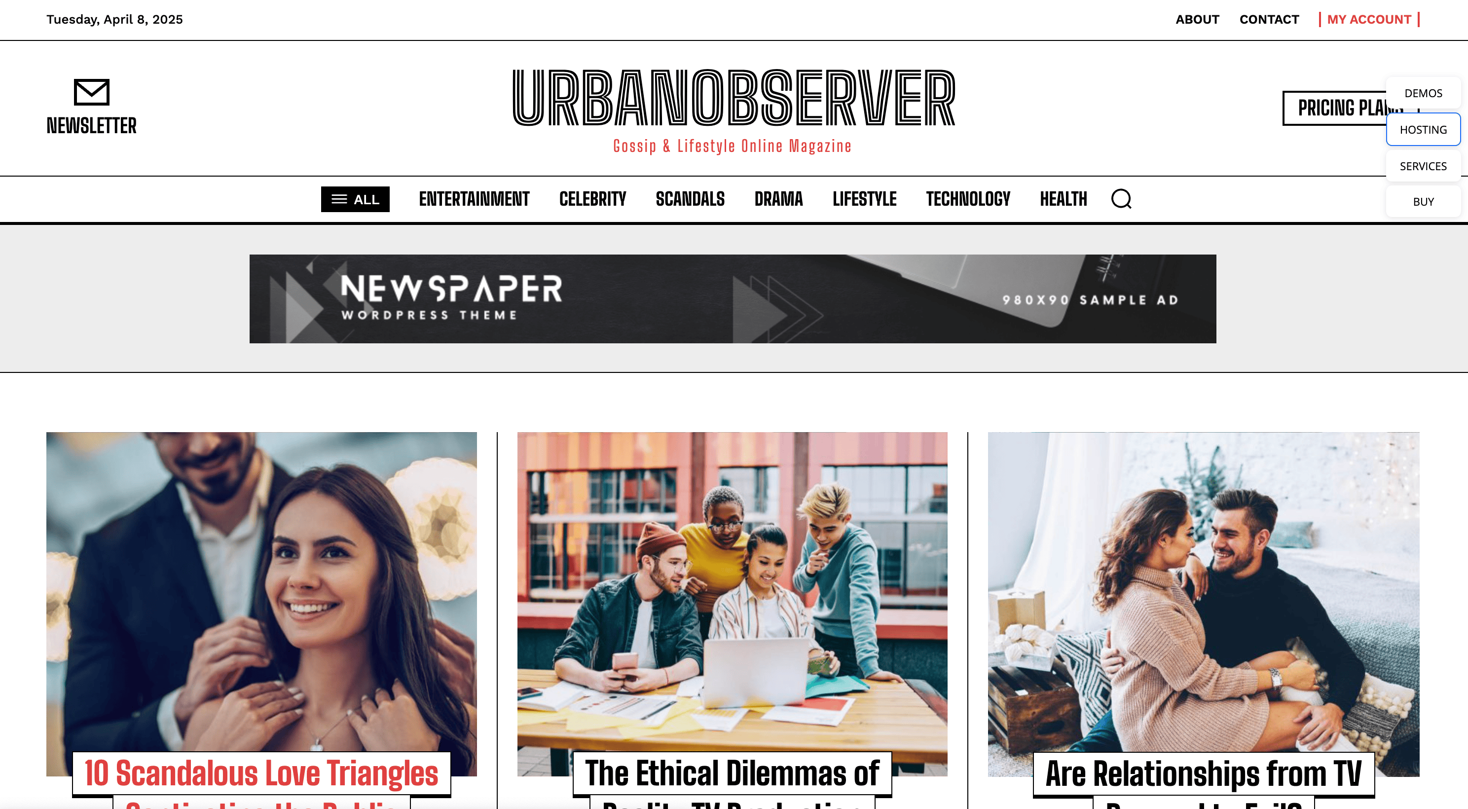 Screenshot of a website called Urban Observer, featuring articles on love triangles, dilemmas of AI, and relationships from TV. Header includes navigation links and a banner ad.
