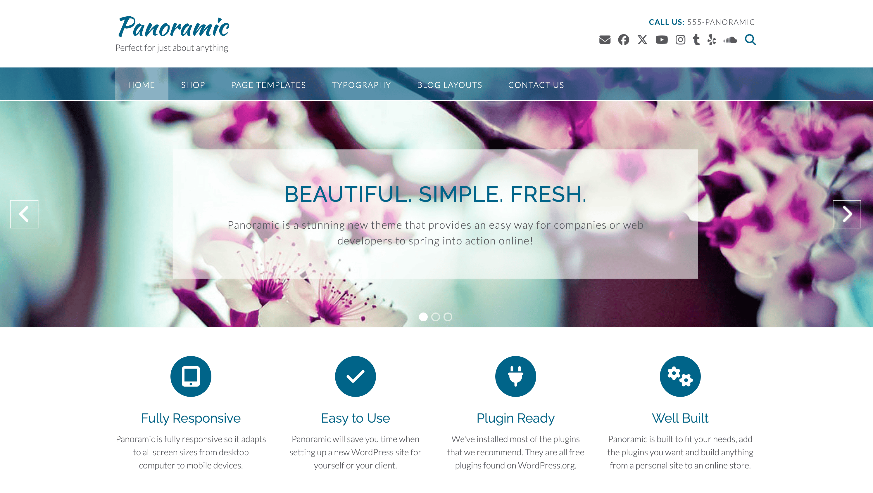 Website homepage with blurred floral background, navigation menu, and text highlighting features: Fully Responsive, Easy to Use, Plugin Ready, and Well Built.