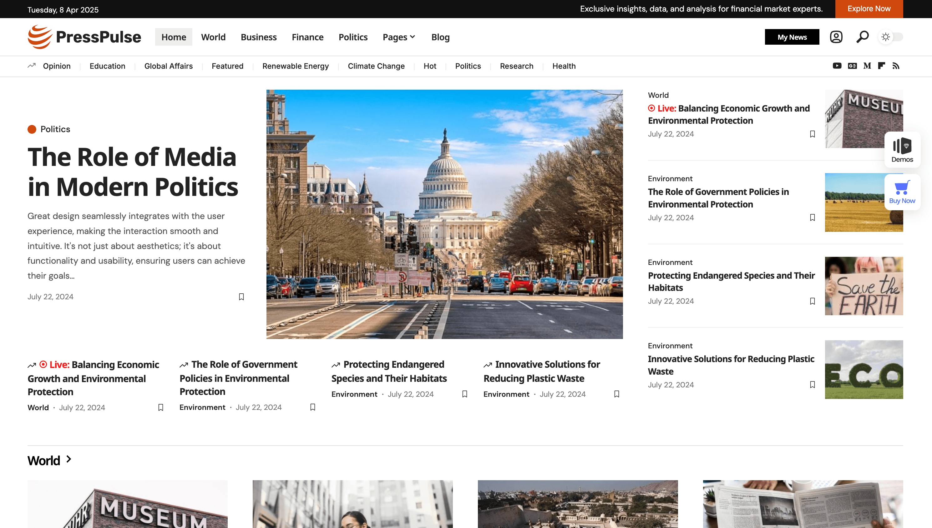 PressPulse news website homepage featuring articles on politics and environment. Central image shows a city street leading to a domed building under a clear sky.