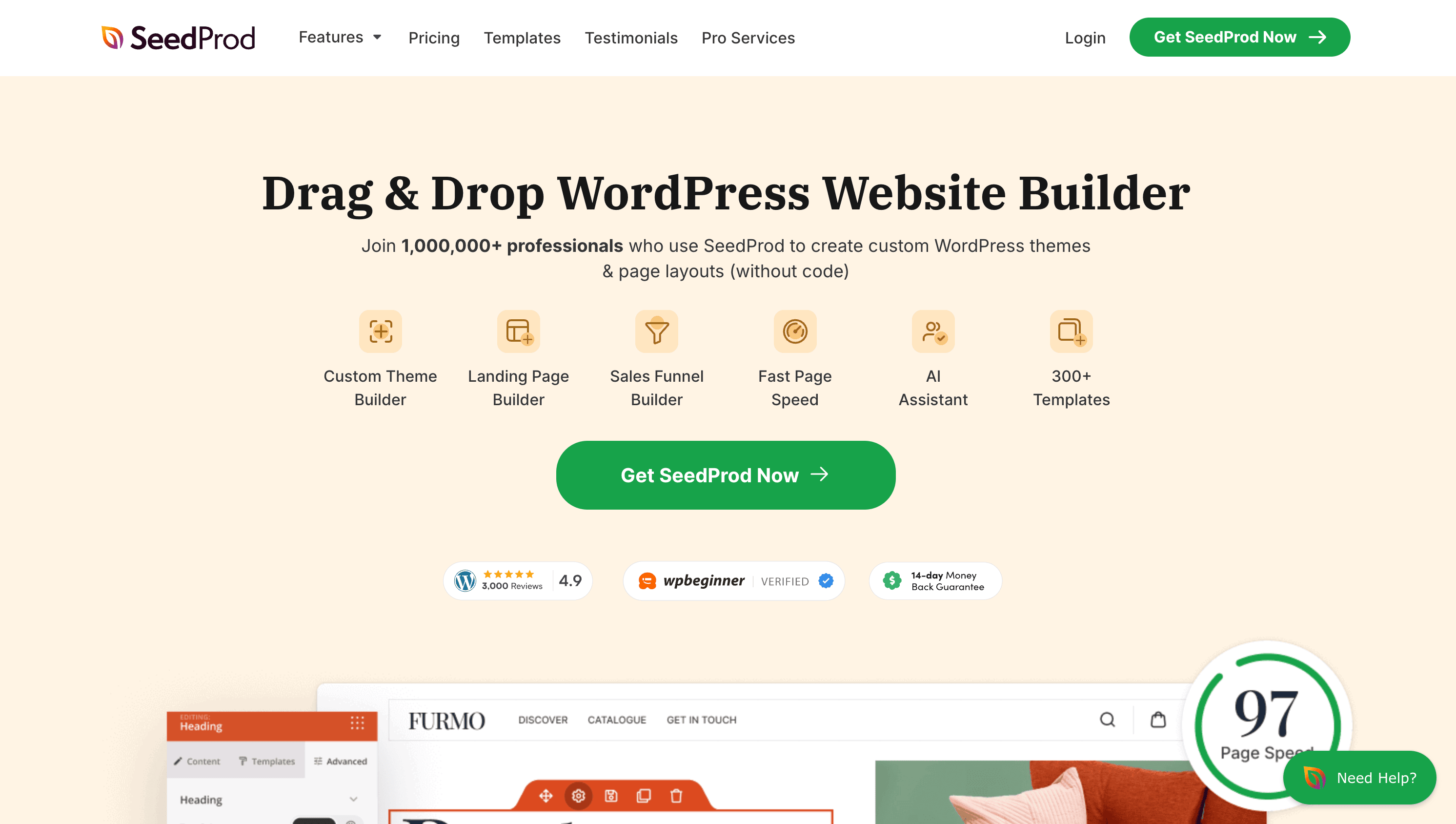 Screenshot of SeedProd’s homepage featuring a headline about a drag-and-drop WordPress website builder, a green “Get SeedProd Now” button, and various feature icons.
