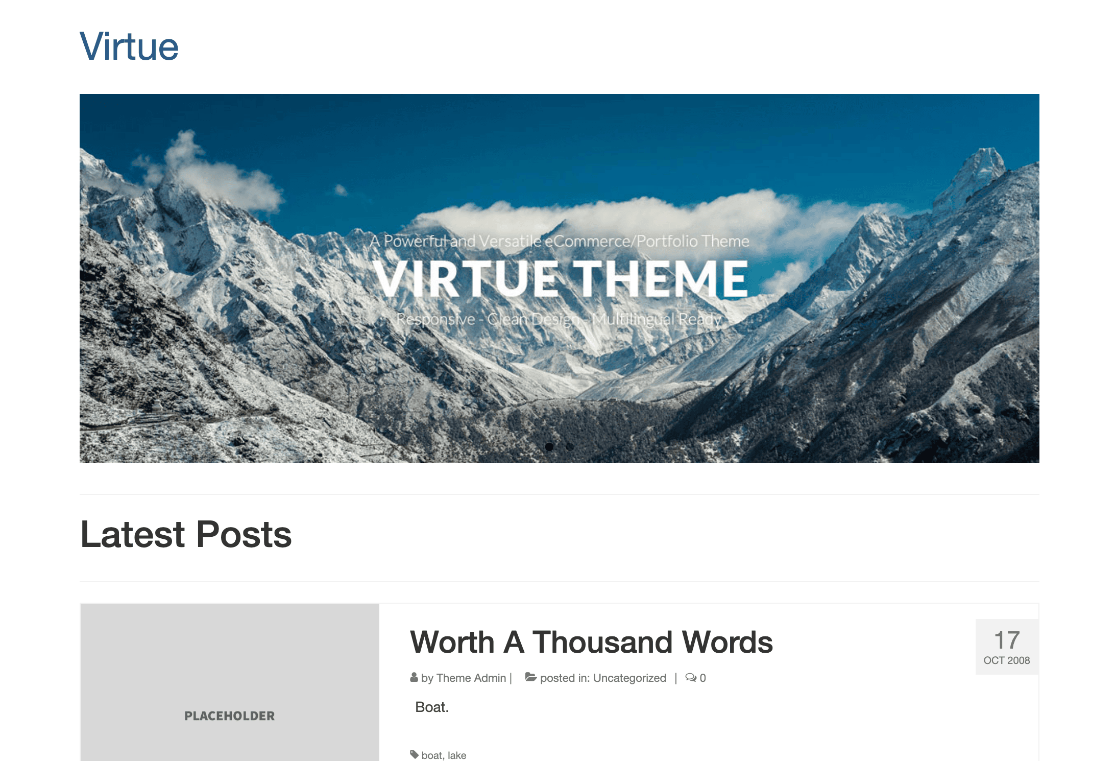 Website template showcasing a "Virtue Theme" with a mountain range and sky. Below, a "Latest Posts" section includes a post titled "Worth A Thousand Words" dated 17 Oct 2008.