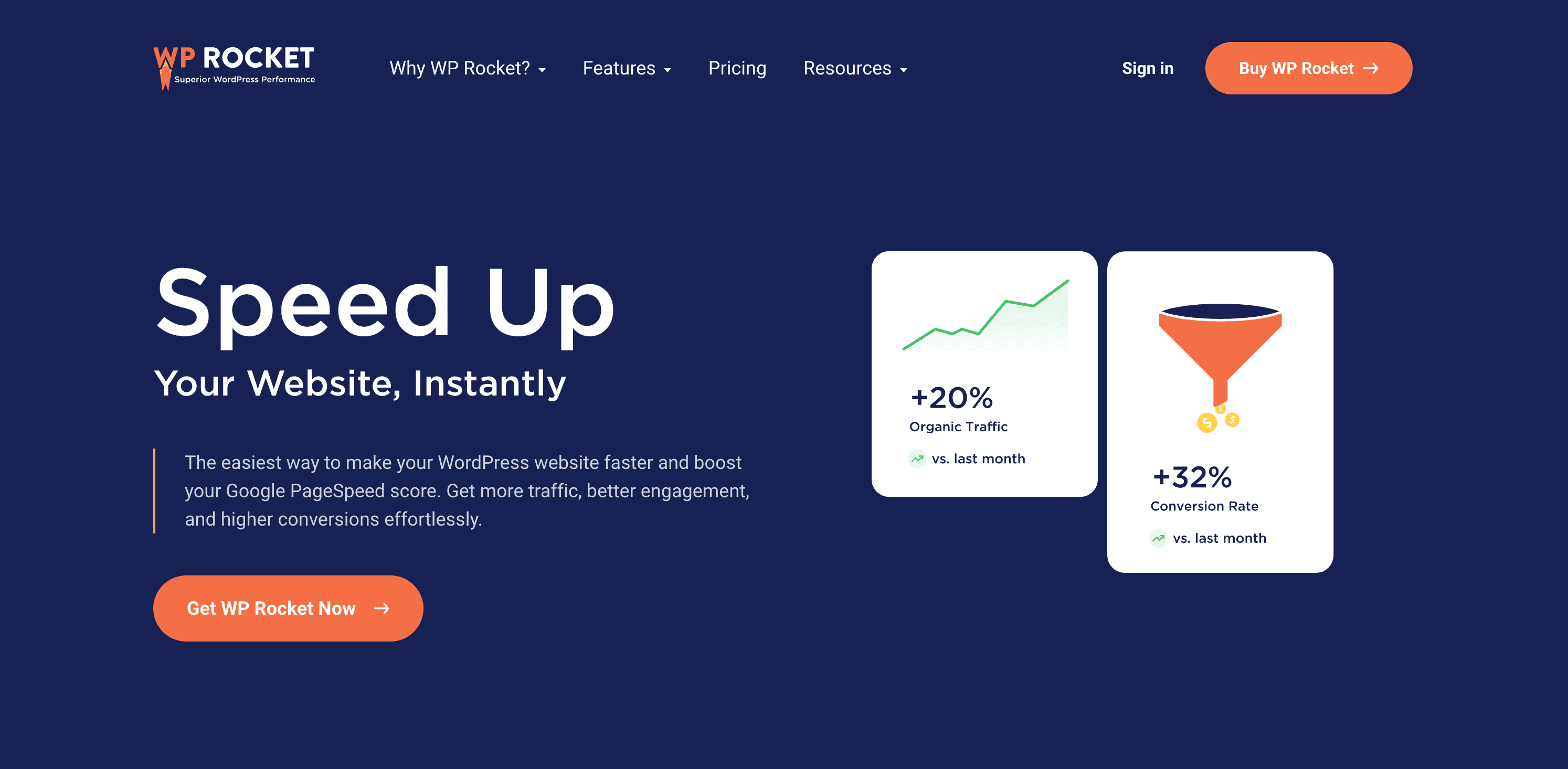 WP Rocket website homepage showing options to increase website speed, organic traffic by 20%, and conversion rate by 32%, with call-to-action buttons.