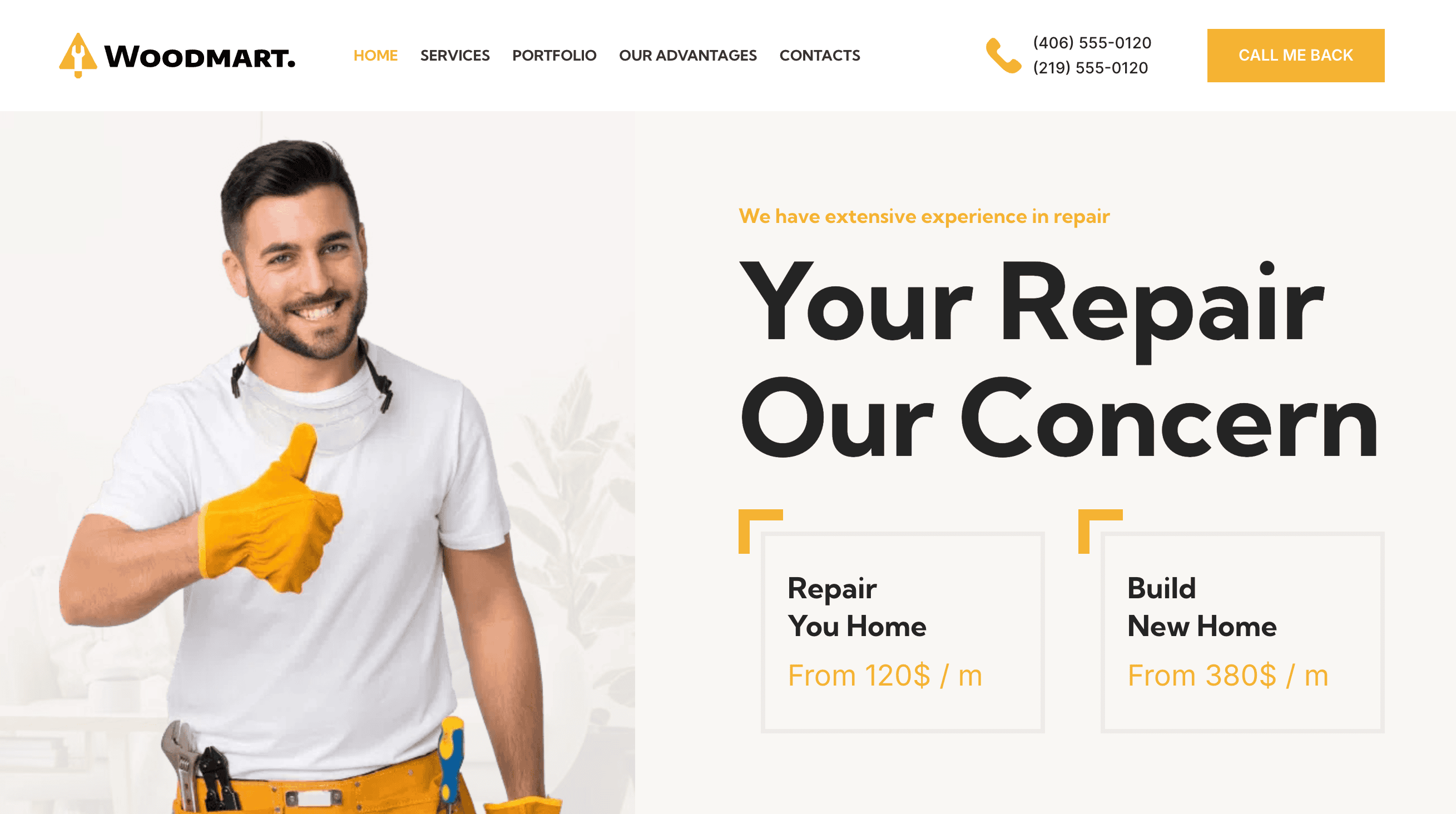 Man in a t-shirt and gloves smiling, standing next to text promoting repair and building services with pricing starting at $120/m and $380/m. Woodmart logo and contact details are visible.
