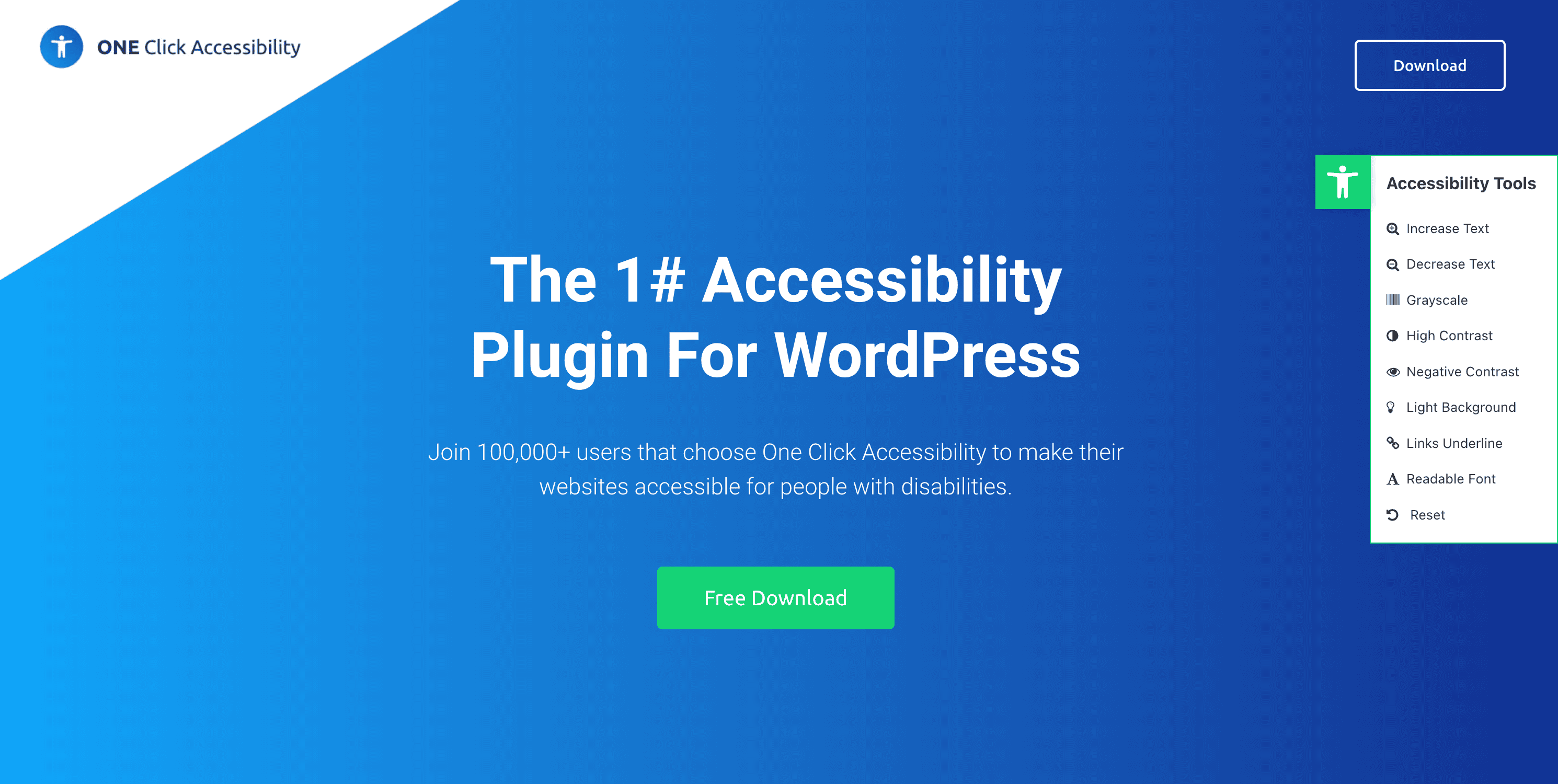 Image of a promotional banner for "One Click Accessibility," an ADA compliance plugin for WordPress. Text highlights features like increased text, readable font, and high contrast. "Free Download" button is visible.