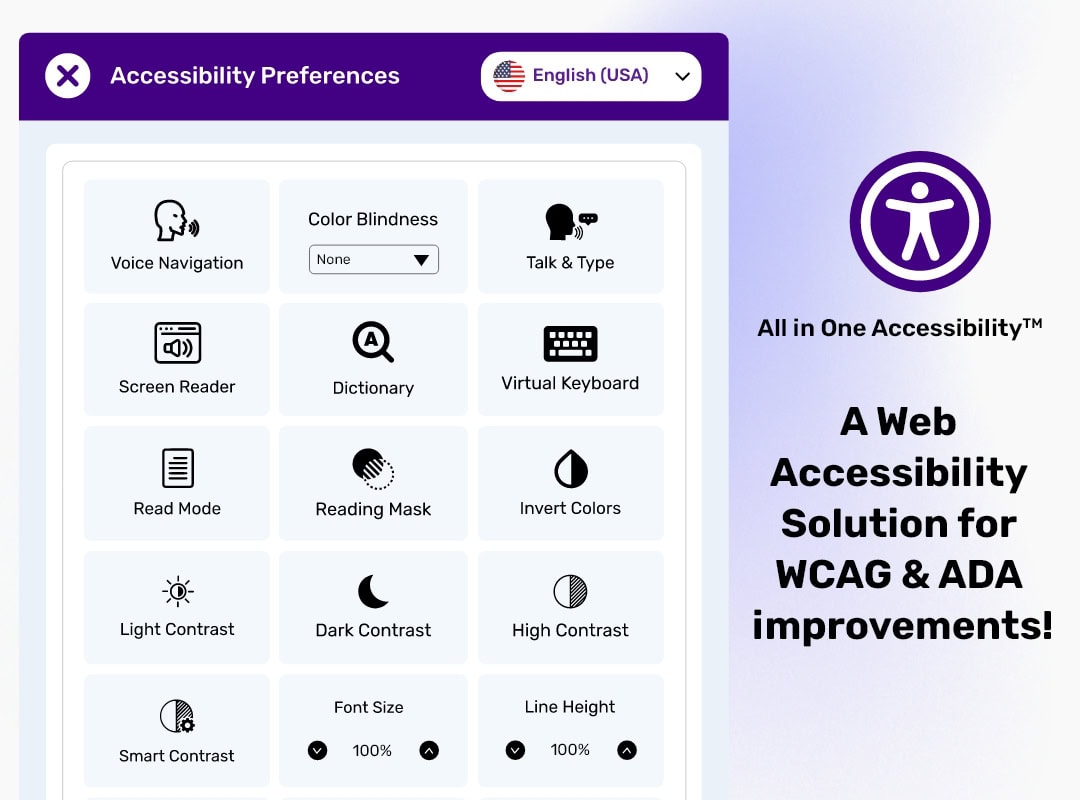 Explore the Accessibility preferences interface featuring intuitive options like voice navigation, screen reader, and color adjustments. Perfect for enhancing ADA Compliance with WordPress solutions and meets WCAG standards effortlessly.