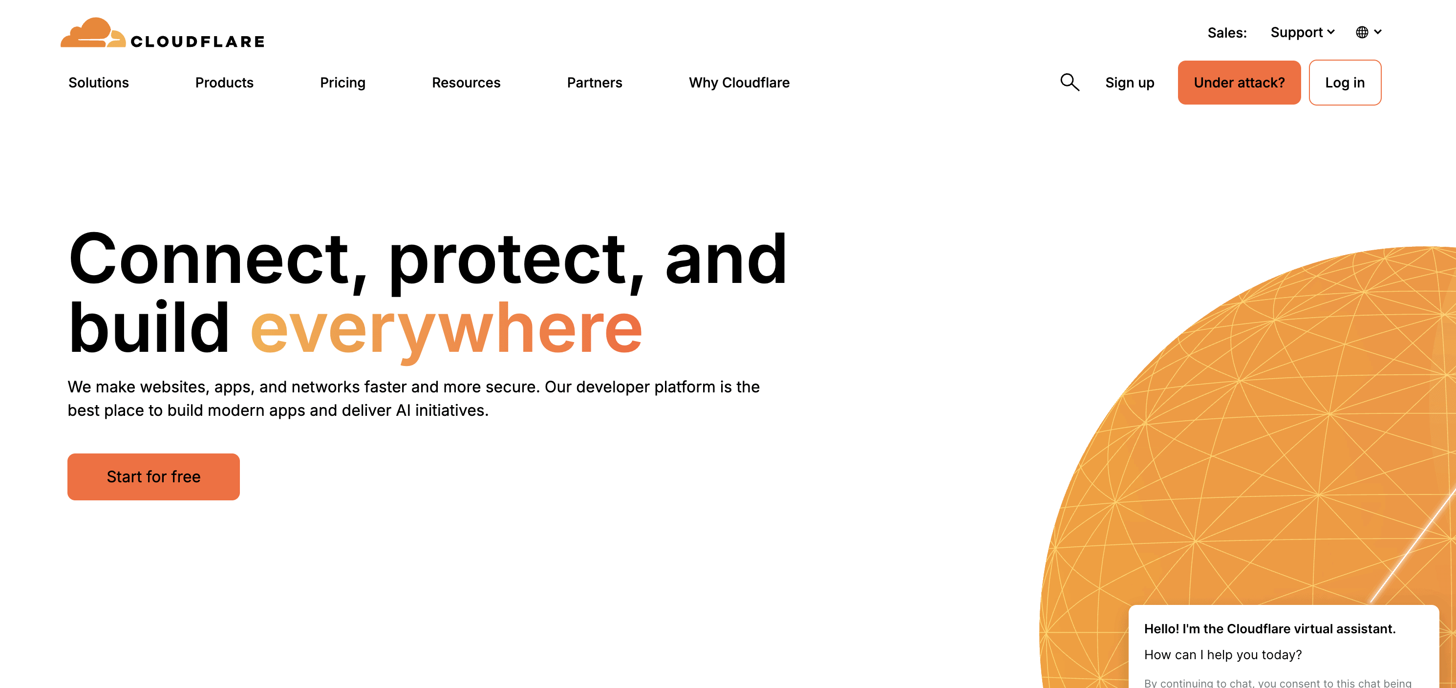 Cloudflare homepage with headline "Connect, protect, and build everywhere," a "Start for free" button, and navigation menu at the top.
