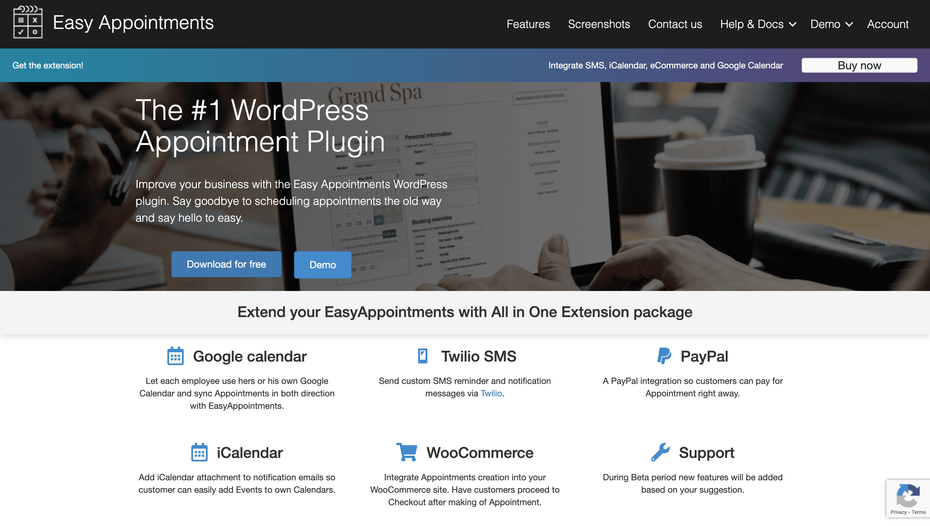 Screenshot of the Easy Appointments website homepage promoting its WordPress appointment plugin and integration options including Google Calendar, Twilio SMS, PayPal, iCalendar, and WooCommerce.