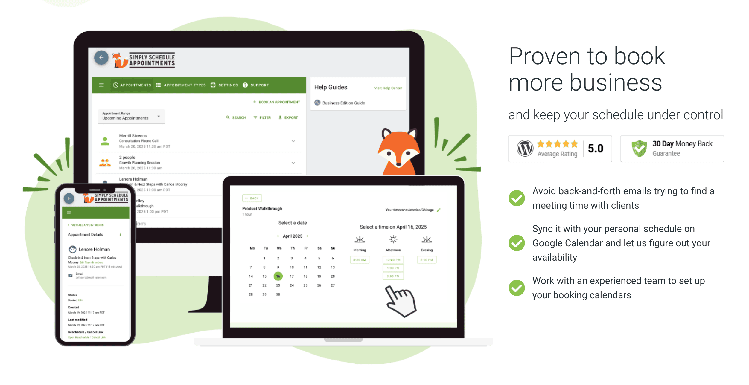 A smartphone, laptop, and desktop display an online scheduling platform; a fox cartoon looks over the laptop. Text highlights business booking benefits and customer rating.