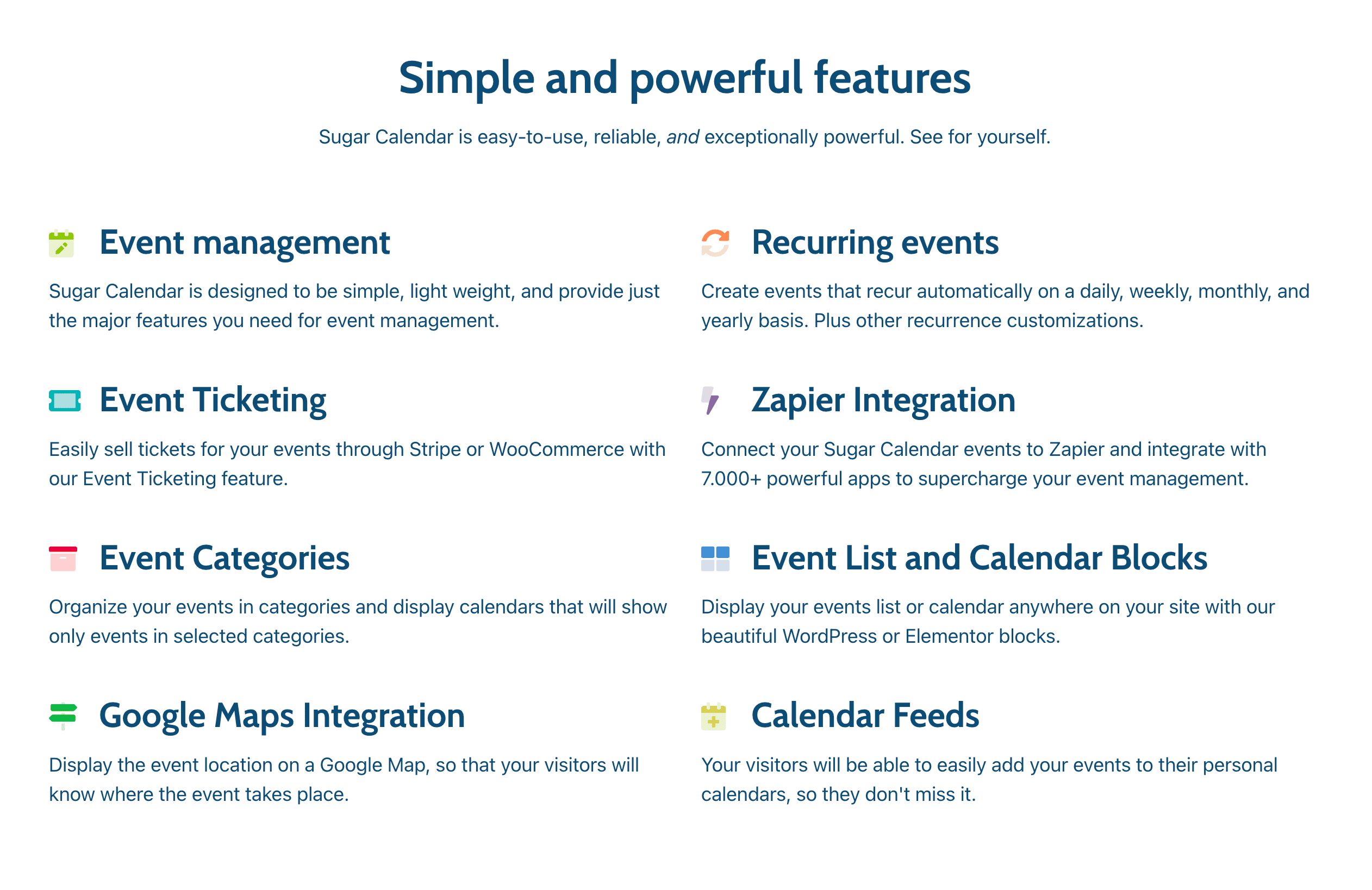 A list of Sugar Calendar features, including event management, recurring events, event ticketing, Zapier integration, event categories, calendar feeds, Google Maps integration, and event list blocks.