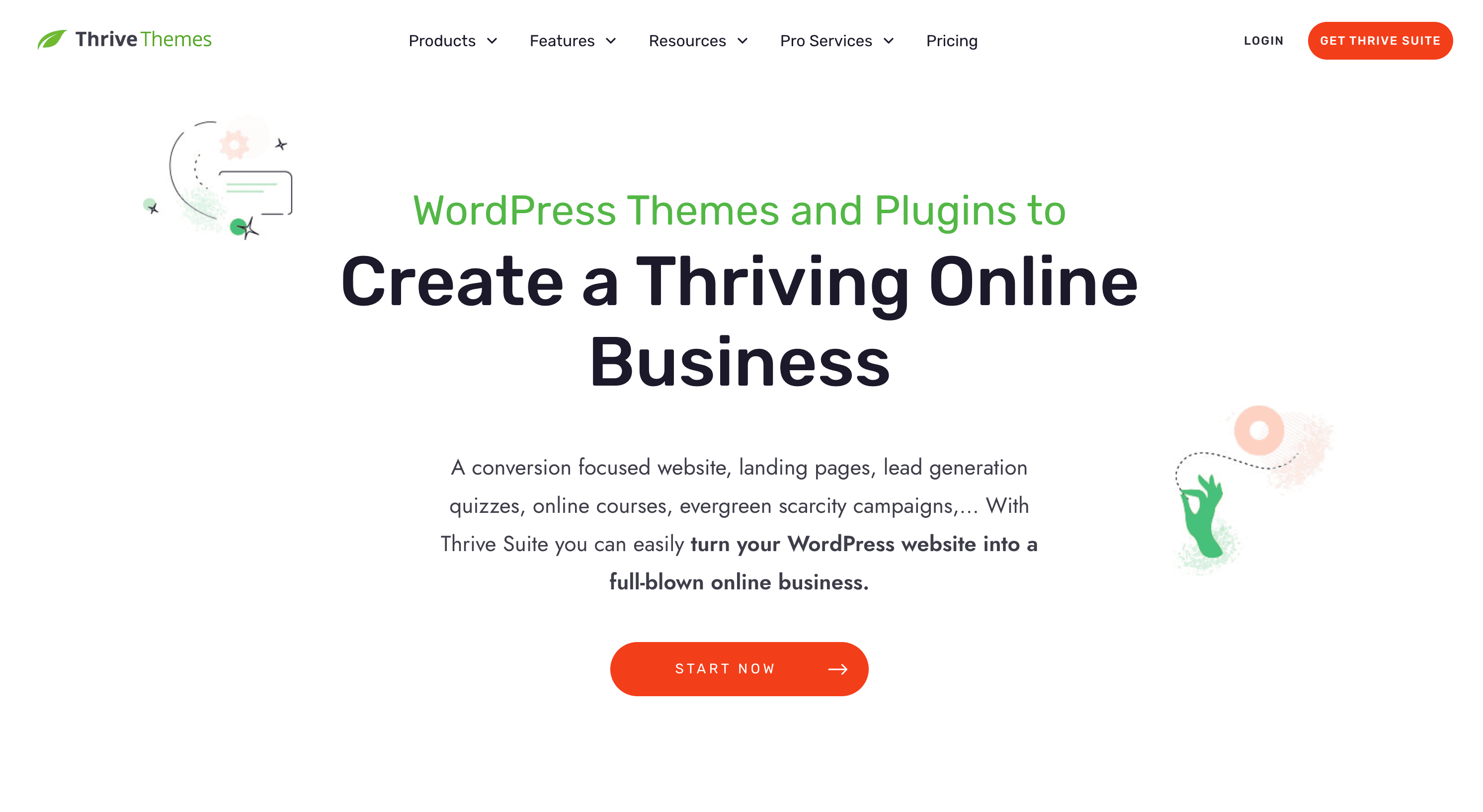 Homepage of Thrive Themes, showcasing a headline about creating a thriving online business with WordPress themes and plugins, and a red “Start Now” button.