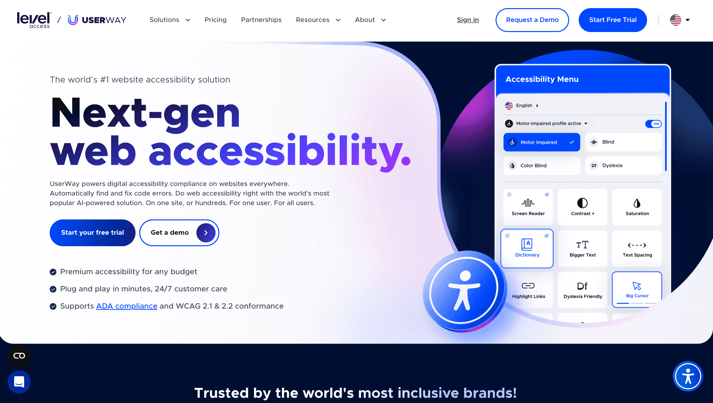Screenshot of a website offering accessibility solutions with demo and trial options. Features include a customizable accessibility menu and ADA compliance tools. Trusted by major brands, it's perfect for those seeking seamless WordPress plugins.
