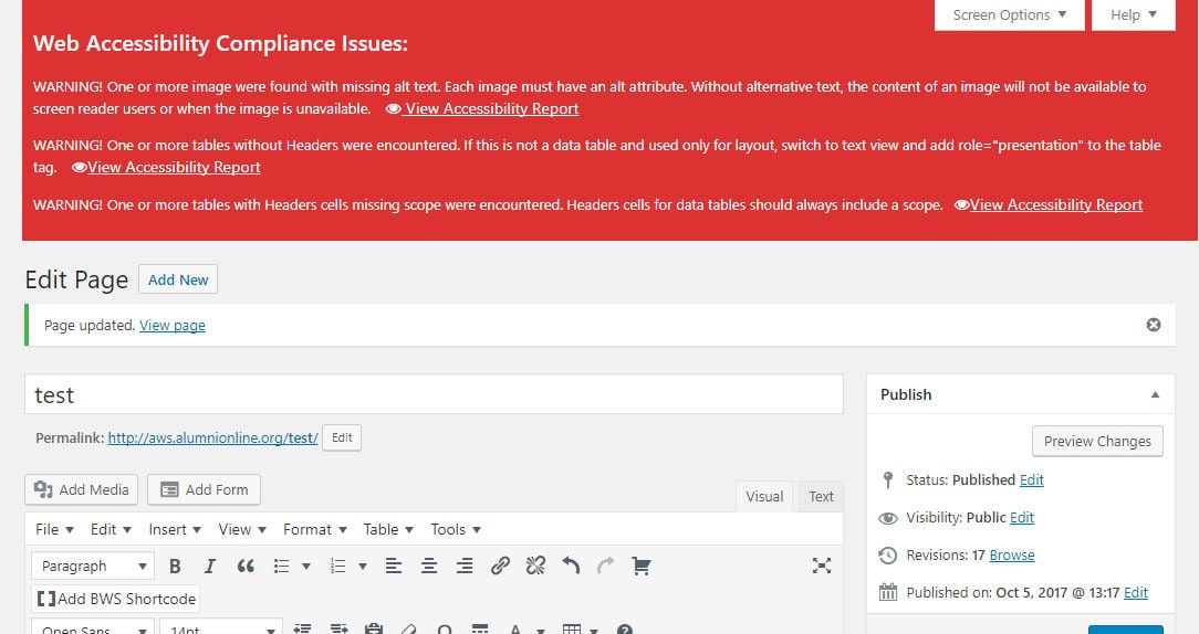 Screenshot of a WordPress page showcasing accessibility compliance warnings about missing alt attributes and headers. The edit page, titled "test," displays the Publish section, highlighting the importance of ADA compliance in web design.