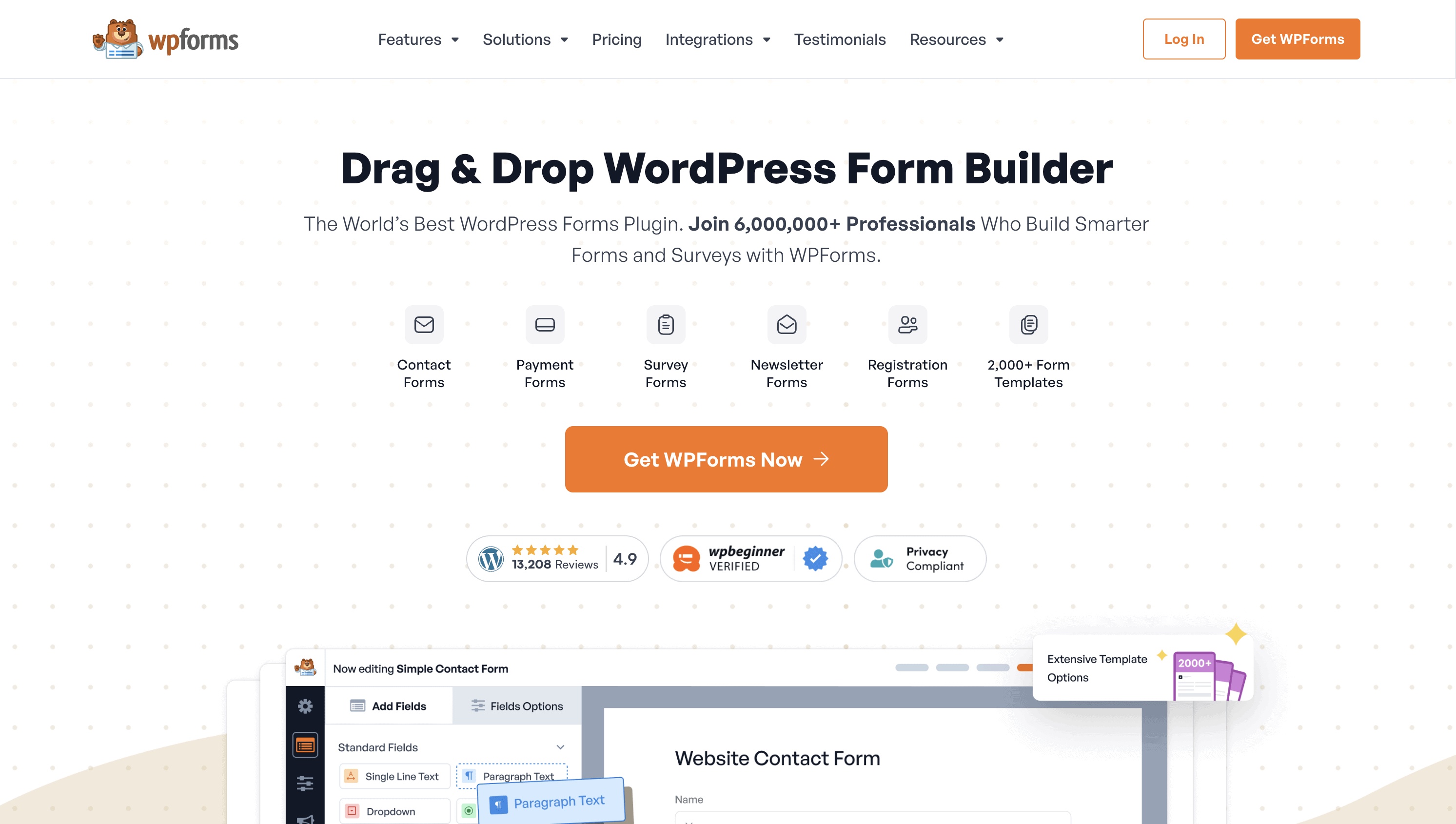 Screenshot of the WPForms website homepage highlighting its drag-and-drop WordPress form builder, rating badges, and an orange “Get WPForms Now” button.