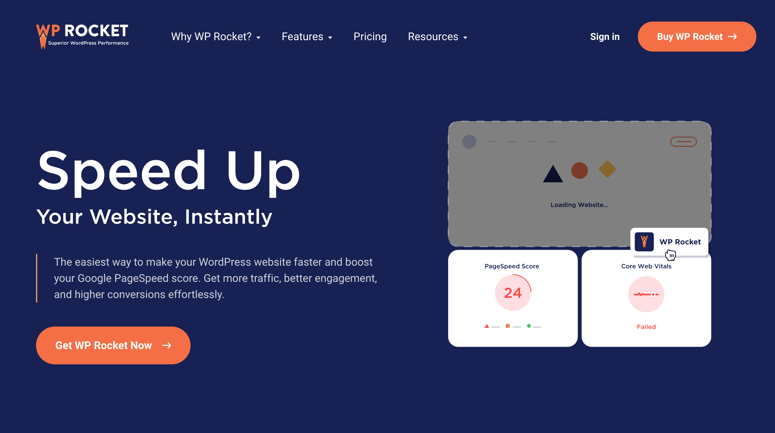 WP Rocket website homepage showing a headline "Speed Up Your Website, Instantly" with graphics of website speed scores and call-to-action buttons.