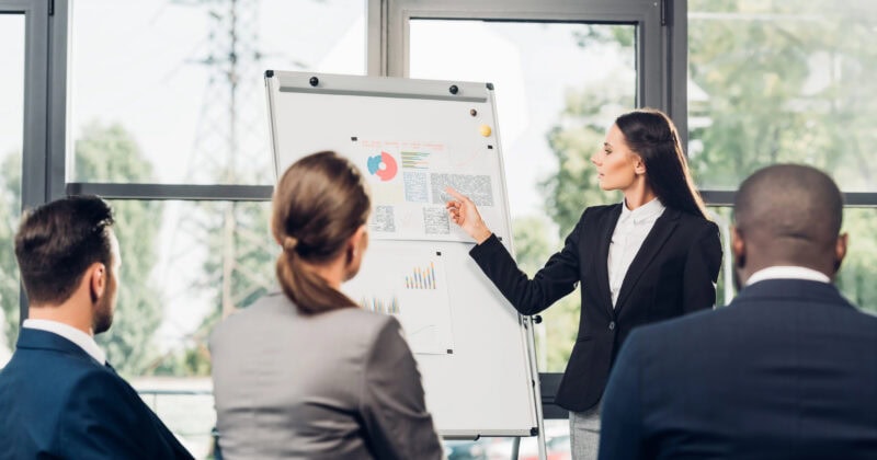 In a modern office setting with large windows, a woman in a suit presents data on a flip chart to three seated people. They're discussing innovative WordPress themes designed for 2025 coaching websites, bringing fresh insights to elevate their digital presence.