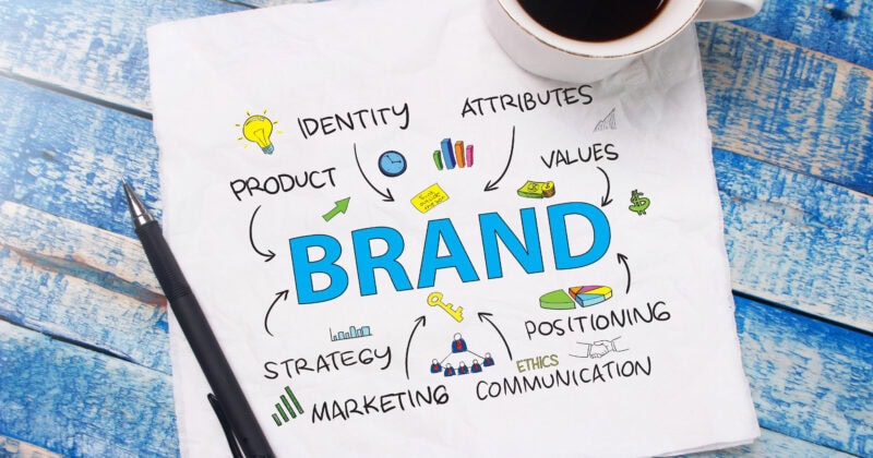 A napkin on a blue wooden table with doodles and the word "BRAND" in the center. Nearby are a black pen and a cup of coffee.