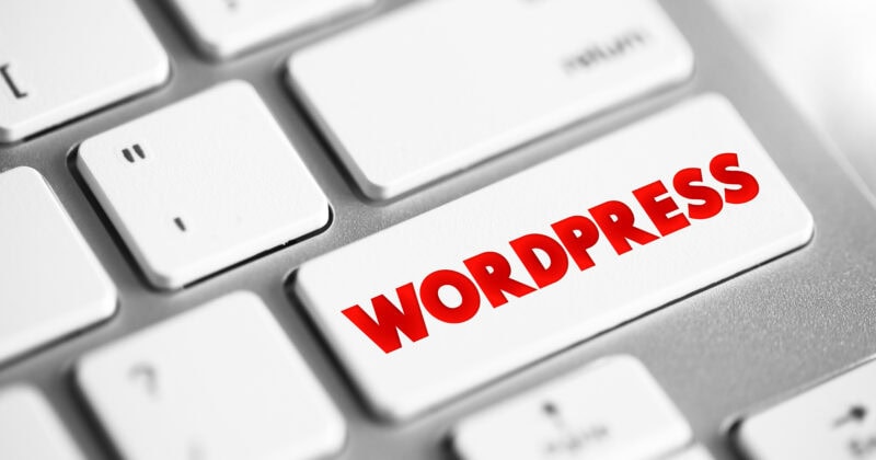 Close-up of a computer keyboard with a key labeled "WORDPRESS" in red, replacing the usual "Enter" key.