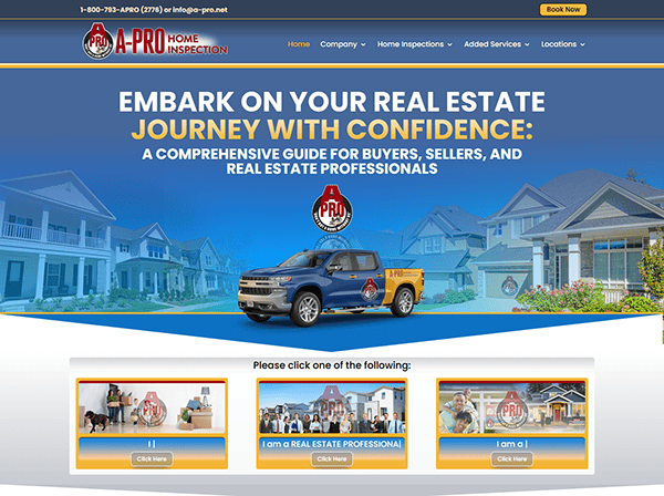 Embark on your real estate journey with confidence. Our home inspection site features a truck, house images, and tailored options for buyers, sellers, or professionals. Discover why we're ranked among the best local service company websites in the industry today.