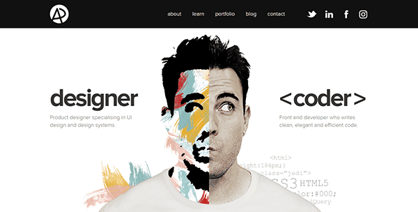 Split portrait of a man illustrating both creative designer and coder roles, with artistic graphics on the left and coding elements on the right—a perfect visual inspiration for personal portfolio websites.