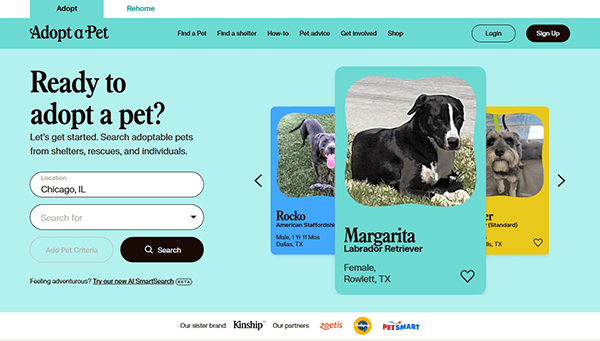 A pet adoption website displays a search form for pets by location and criteria, with pet profiles including a highlighted card for Margarita, a female Labrador Retriever—making it one of the best pet adoption platforms around.