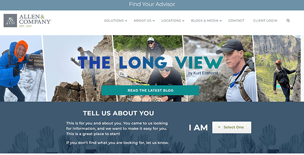 Allen & Company website homepage featuring outdoor images, the blog title "The Long View," and a button to read the latest blog, with navigation and client login options—an inspiring example among the best portfolio websites.