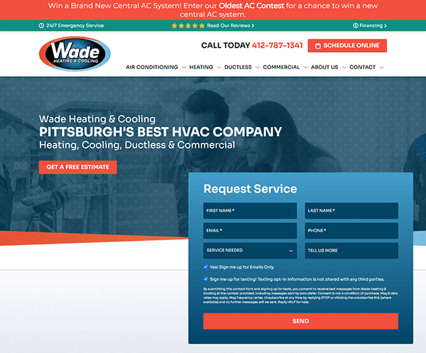 Wade Heating & Cooling's local service company website features a sleek service request form. The banner highlights a contest to win a new AC system and includes contact details, embodying the user-friendly design of top local service company websites.
